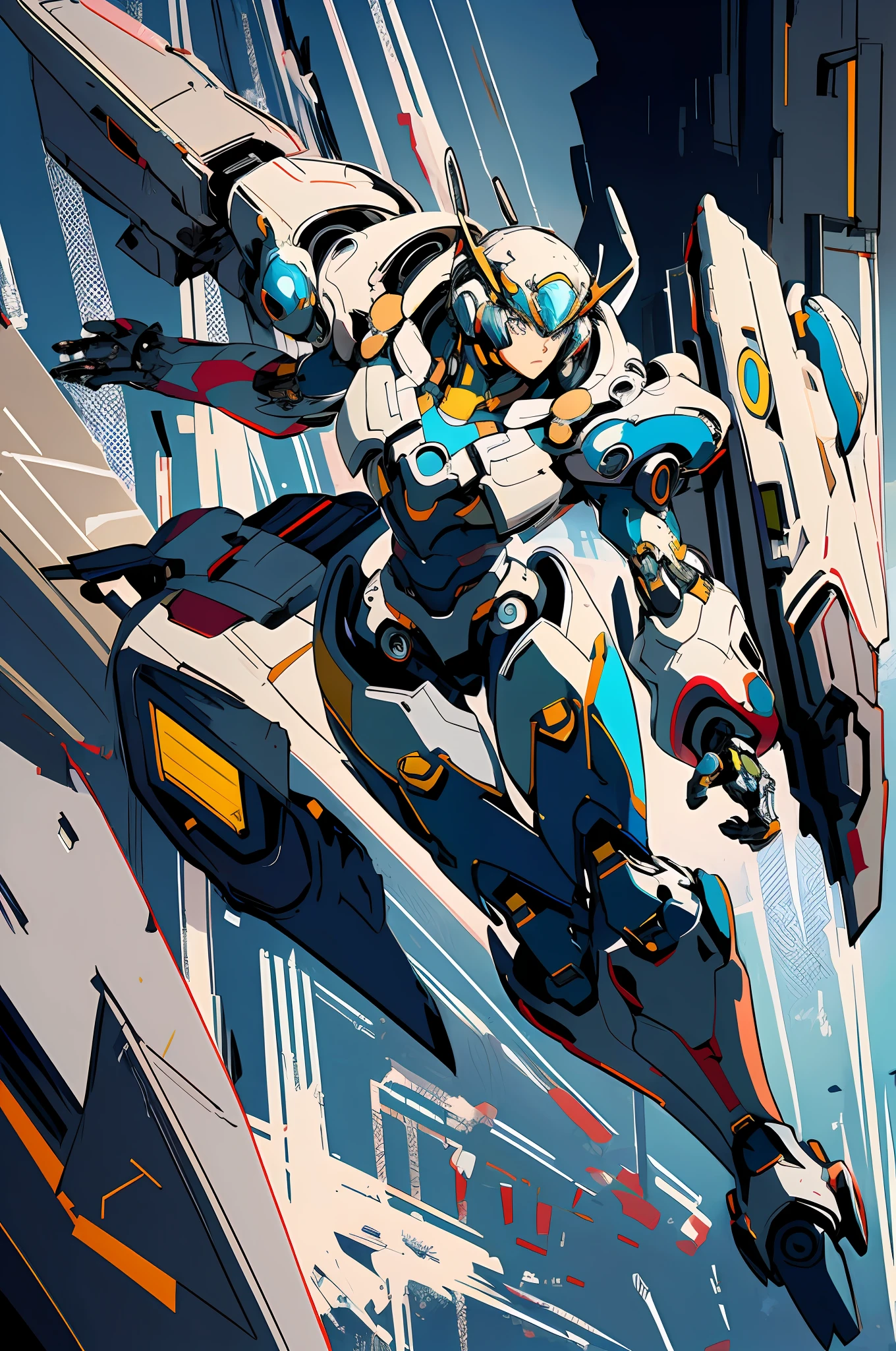 concept art of 1girl wearing mecha suit, leaning forward , flying in the sky ,
ink art, flat color, high contrast, stylish
absurdres, best quality, negative space,