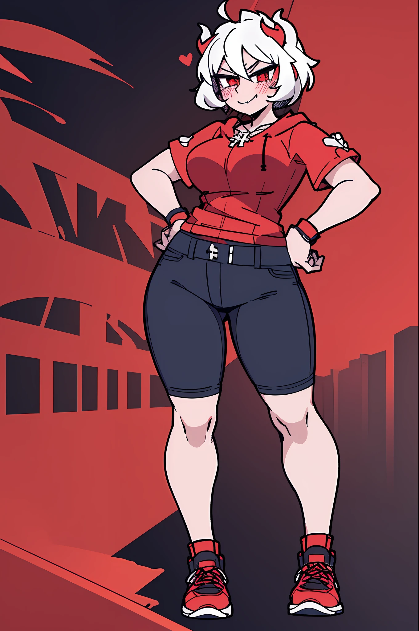 1girl, solo, short sleeve hoodie, black fingerless gloves, breasts, arms at sides, wide hips, blush, blushing, thick thighs, night, cross necklace, tall leather boots, heart eyes, full body shot, horns on head, demon tail, black white and red outfit, red black and white background colors, short suit pants, white hair, tomboy, tall, hands on hips, short hair, smirk, smug, sneakers, running shoes, rolled up pants, exposed calfs, exposed thighs