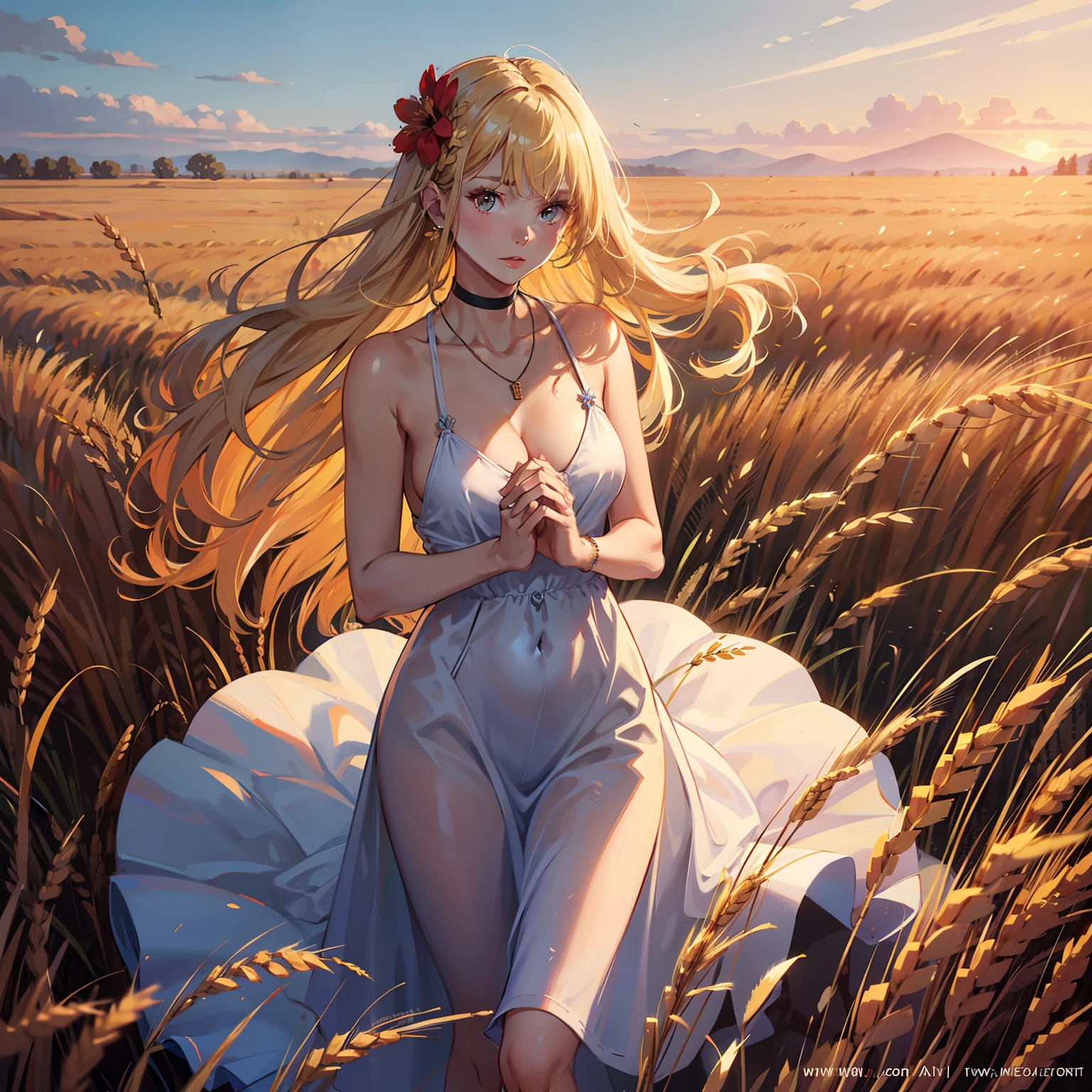 1girl,solo,jewelry,necklace,dress,red skin,colored skin,hair ornament,breasts,long hair,flower,blonde hair,choker,realistic,watermark,hair flower,medium breasts,looking at viewer,web address,own hands together,cleavage,wheat,wheat floating around,wheat in air,blowing,standing in wheat field,