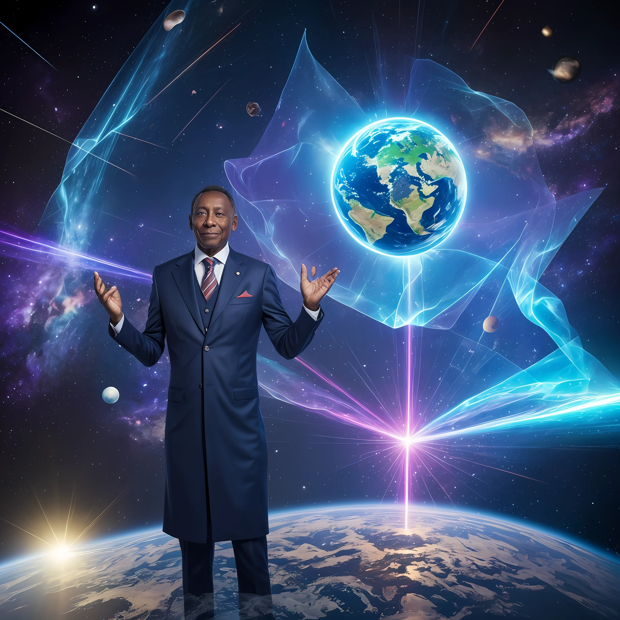 Um homem pele parda jovem, vestido co um terno elegante, is in the center of a well-lit meeting room. with a confident expression, He raises his left hand, in which a three-dimensional hologram of the Earth is projected. O holograma flutua acima de sua palma aberta, Slowly rotating in space.