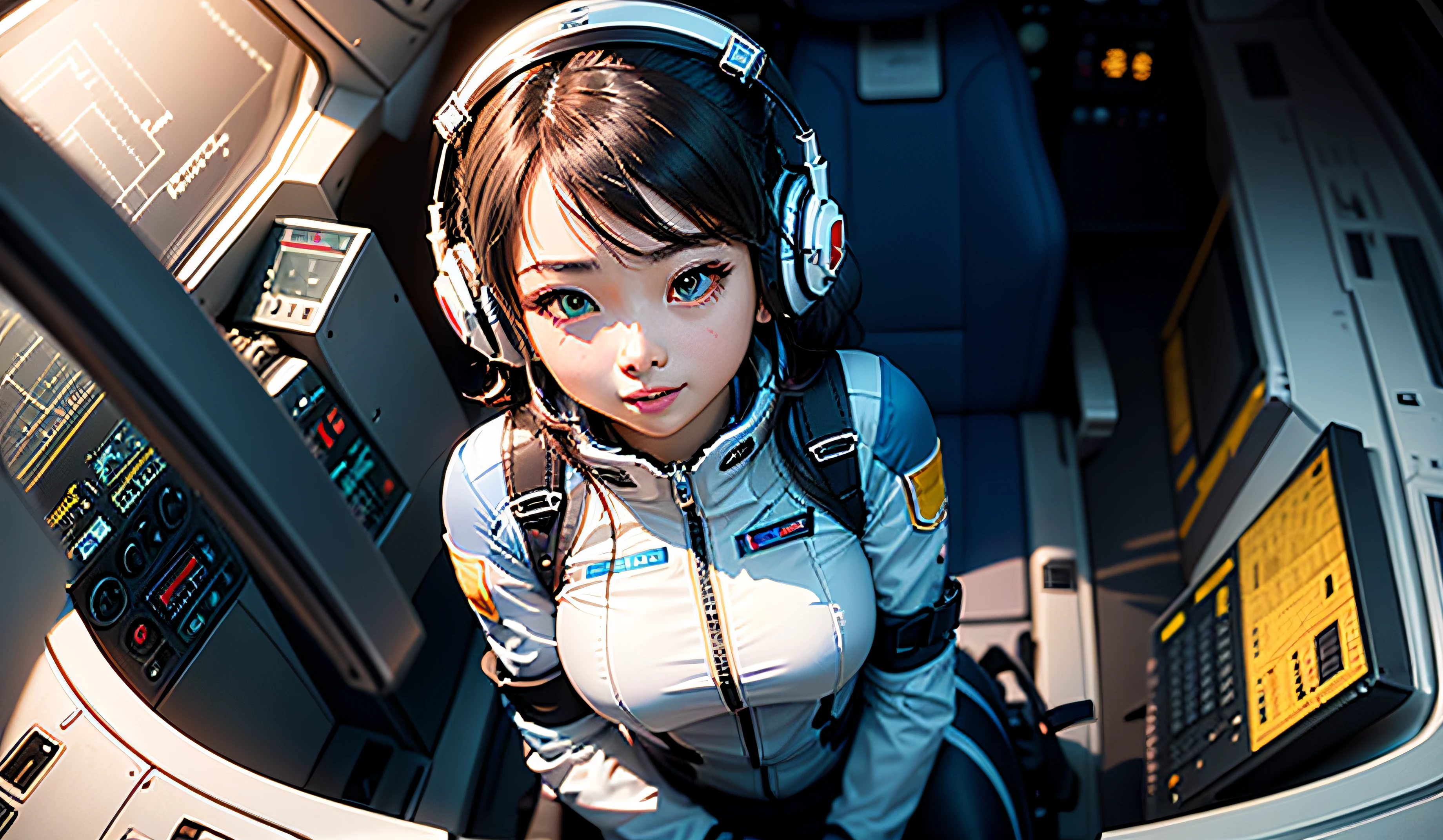 (巨作、最好质量、Top resolution、Distinct_image、Detailed details、portlate。Angle from above): (独奏、Lone Girl、Japan Faces、short-cut、Brown-haired girl、Whole human body、(the perfect body:1.4)、cuteness、a cute、Glittering blue colored eyes、Pilot suit in white and blue colors、Tight Fit Clothing、Clothing that covers the whole body、extreamly delicate and beautiful、detailed skins、Slim body、exoskeleton、lightl smile、heroine、headset on head、long boots、Facing the front、staring the viewer、Kindness、gloves)、(Inside the spacecraft、Communications Equipment、controller、cockpit、Maneuvering the Vehicle、Future bride)