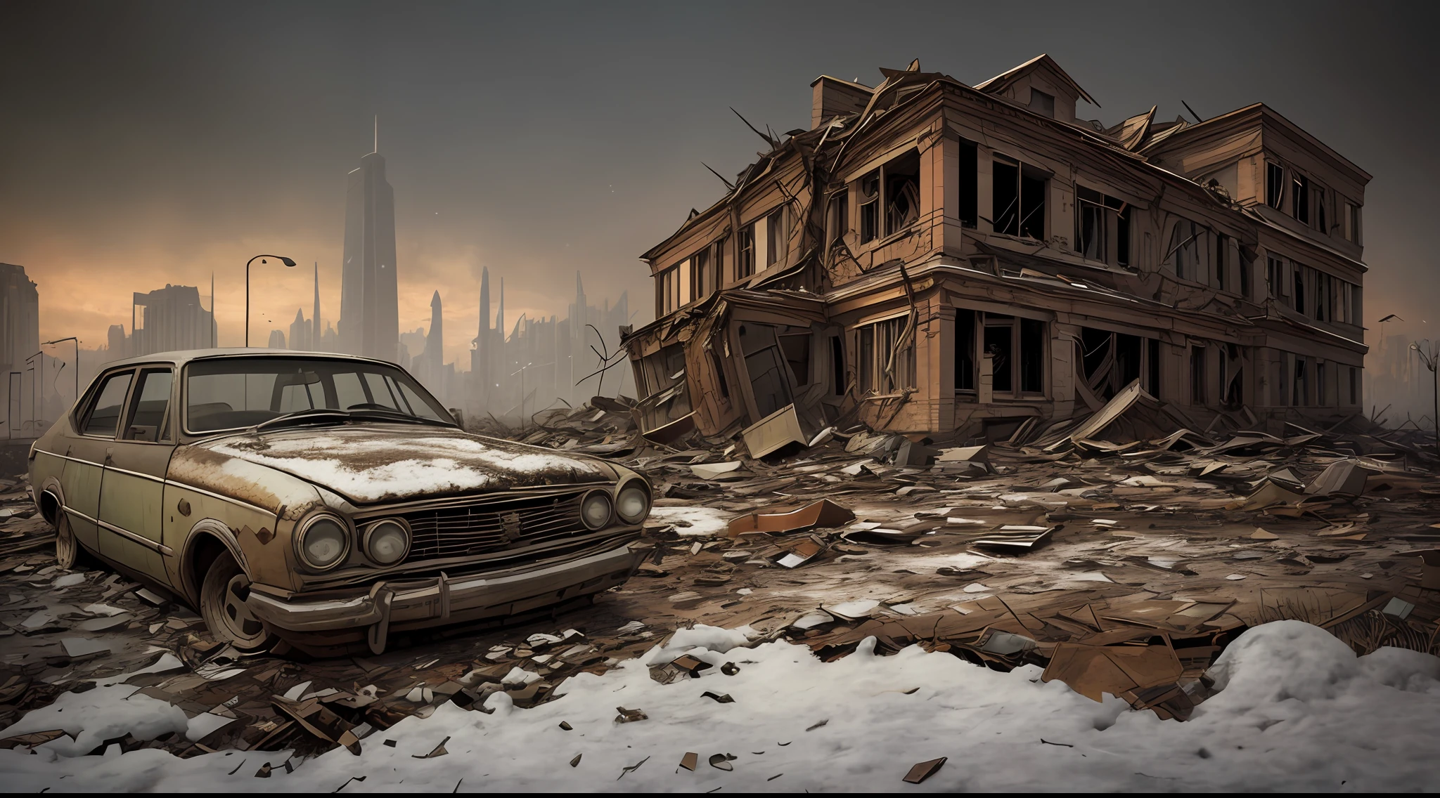end of the world, (hdr:1.1), (muted colors:1.3),(broken rusty car:0.8), (shards of glass:0.3), (books on earth:0.3), car wreckage, correct scale, apocalypse, abandoned, neutral colors, night, screen space refractions, (intricate details), (intricate details, hyperdetailed:1.2), artstation, cinematic shot, vignette, complex background, buildings, snowy