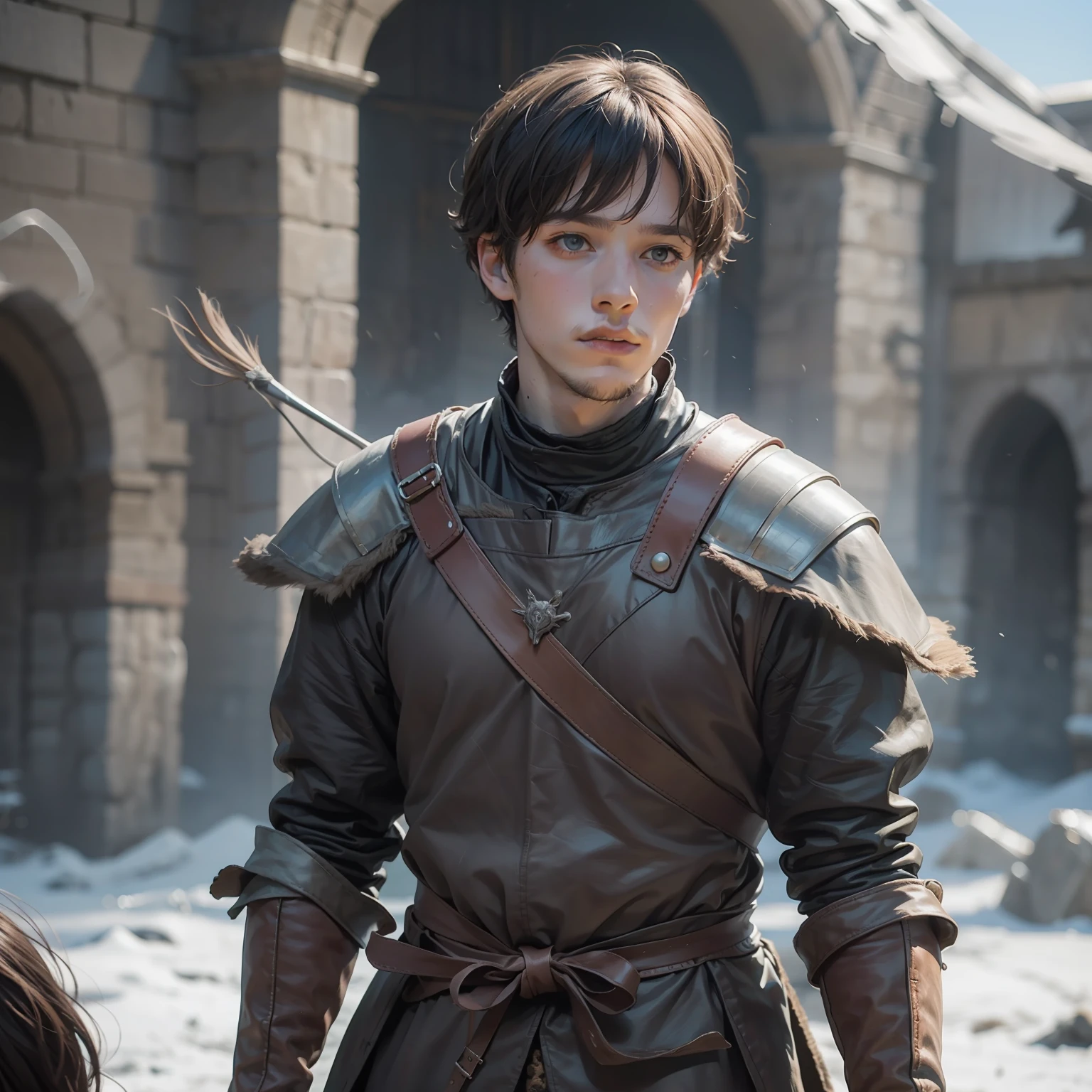 young man, with bows in their hands, training, Estilo Game of Thrones, medieval, cabelo curto com franja, macho, Man, (((young man)))