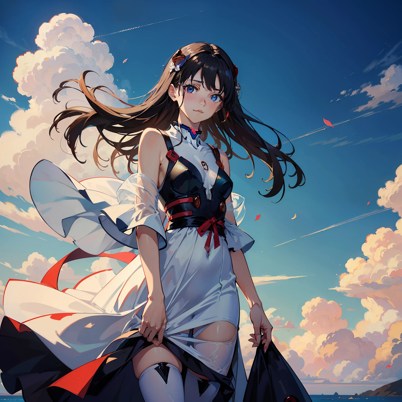 (4k),( best quality), (highres:1.1), (masterpiece:1.1), This beautiful girl stands tall with a height of about 6 feet. she has long hair flowing naturally down his shoulders. she wears a deep blue Hanfu adorned with gold patterns, looking sophisticated and refined. Her clear deep blue eyes seem to shine with radiance.Behind her, a blooming peony flower complements her attractive facial features. In the distance, towering mountains, vast blue skies, boundless seas, and drifting white clouds bring a sense of mystery and nobility to this ethereal girl. She wore a shallow smile on her face. She looks so sweet. She is wearing a semi transparent tulle dress. She is wearing white thighhighs,she holds devil skull, (EVANGELION-02 behind her:1.3),