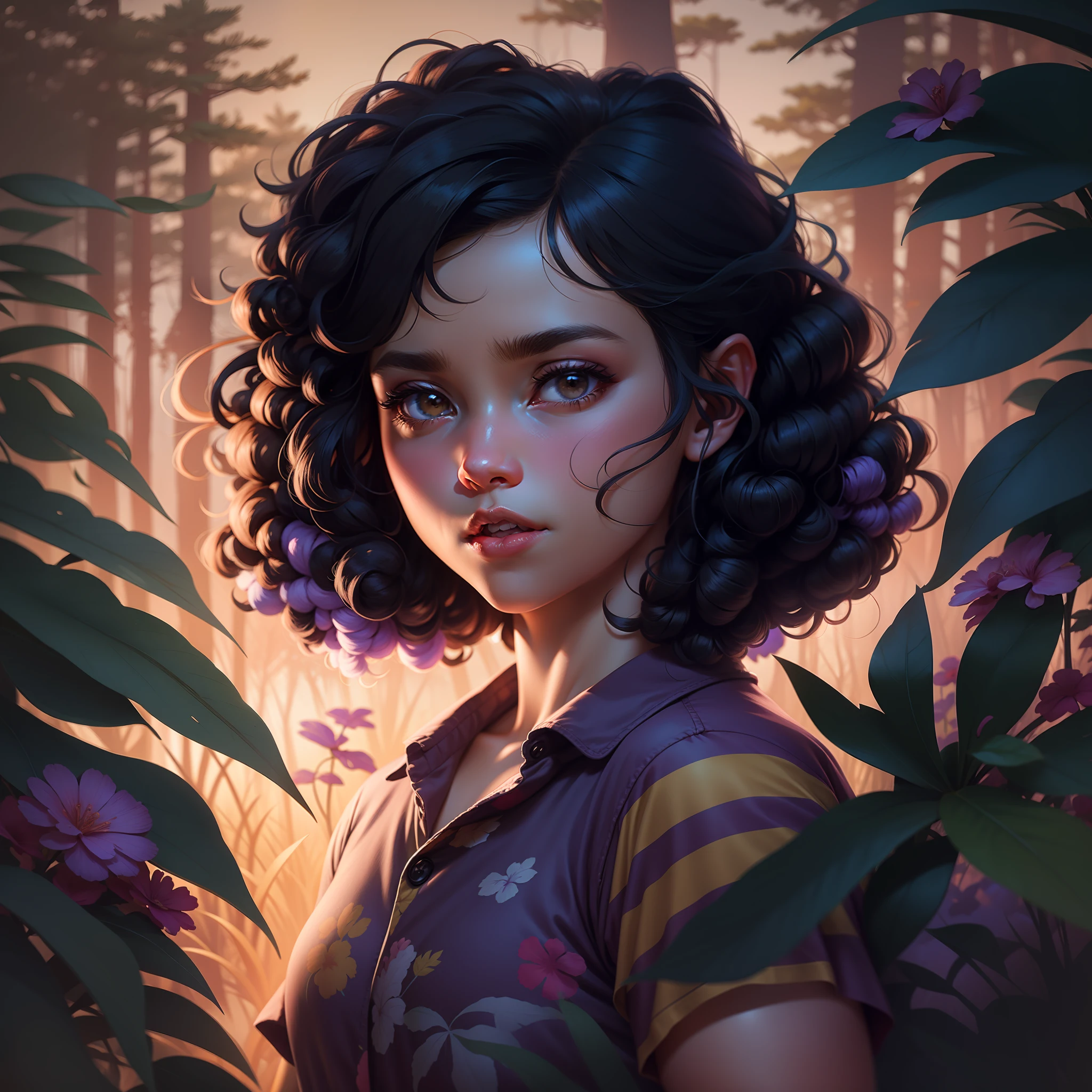 Percy Jackson character style, pine forest background style by Loish, Emilia Clarke as a fifteen years old girl with curly black hair and rosy cheeks wearing hawaiian shirt, cocky face, purple and yellow tones, vivid colors 4k, little chubby, friendly expression, vineyard