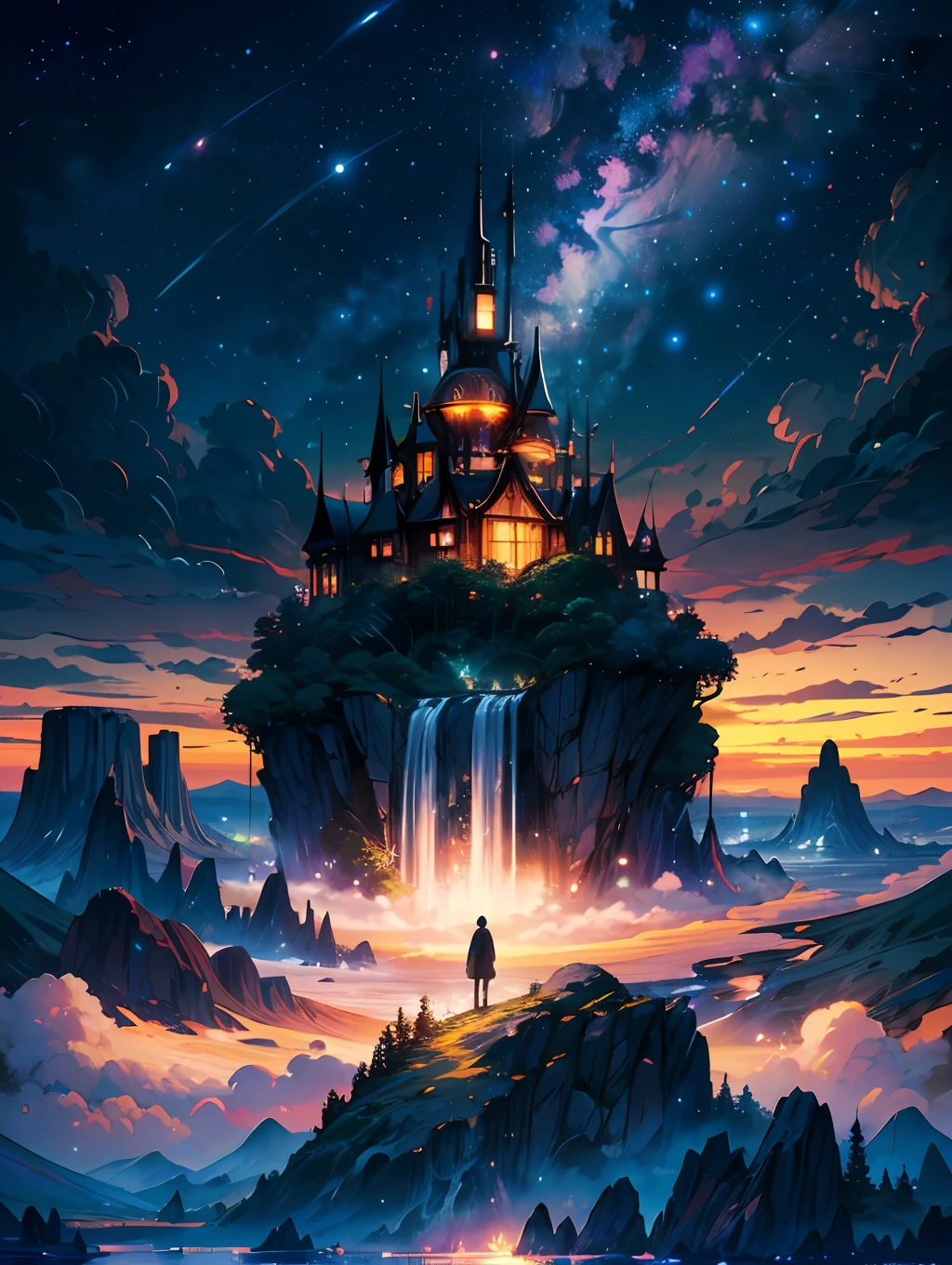 ((masterpiece)) beautiful ((floating island)) on the sky, island stand on big cloud ((intricate details)),  ((glowing starry night )), waterfalls falling from the island,highly detailed, soft shadow, fantasy looking masterpiece ((illustration)),break. (Light cinematic ), professional colour grading, 4k ,hd