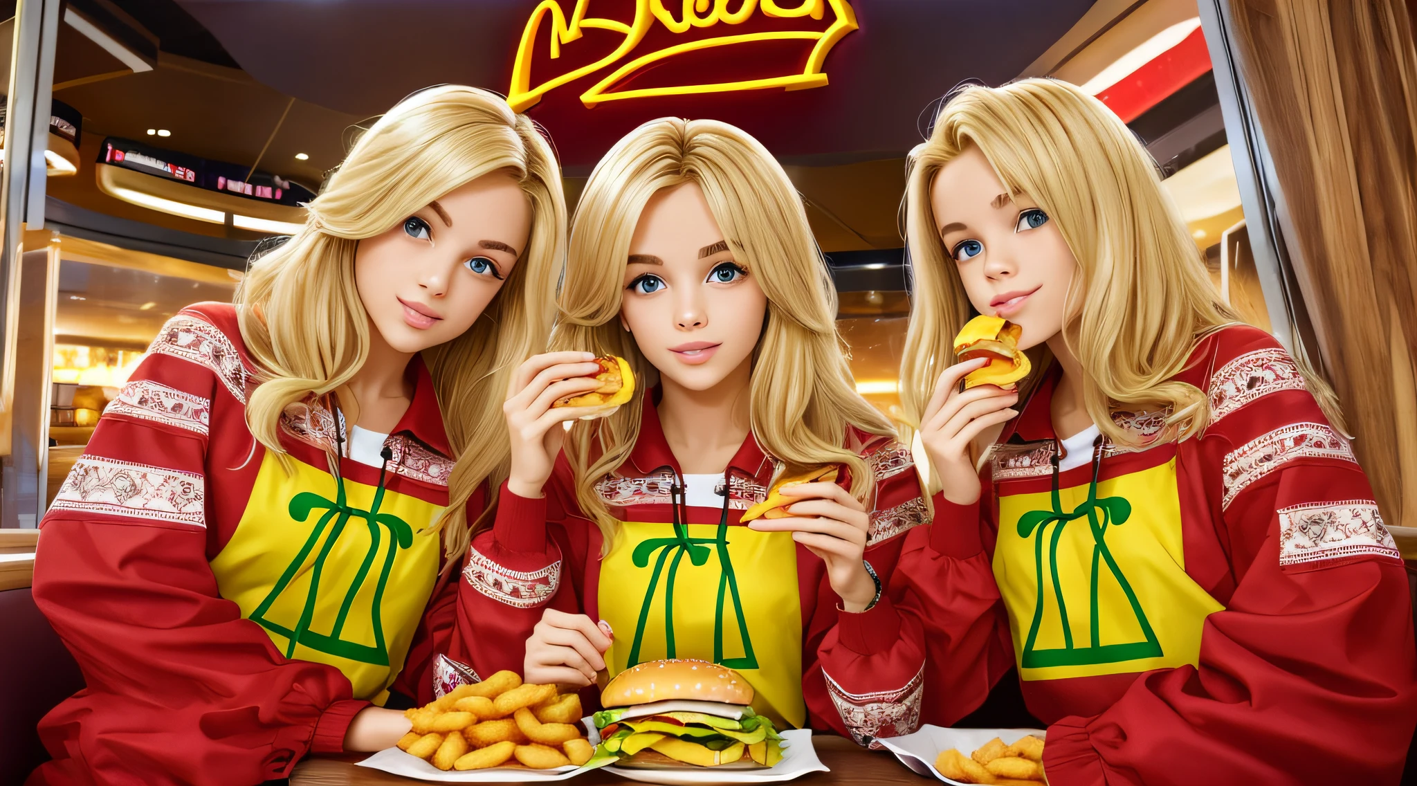 Blond-haired triplets, jaquetas de couro E ROUPAS DE PRATA, MAC DONALDS COMENDO HAMBURGER E BATATAS FRITAS.