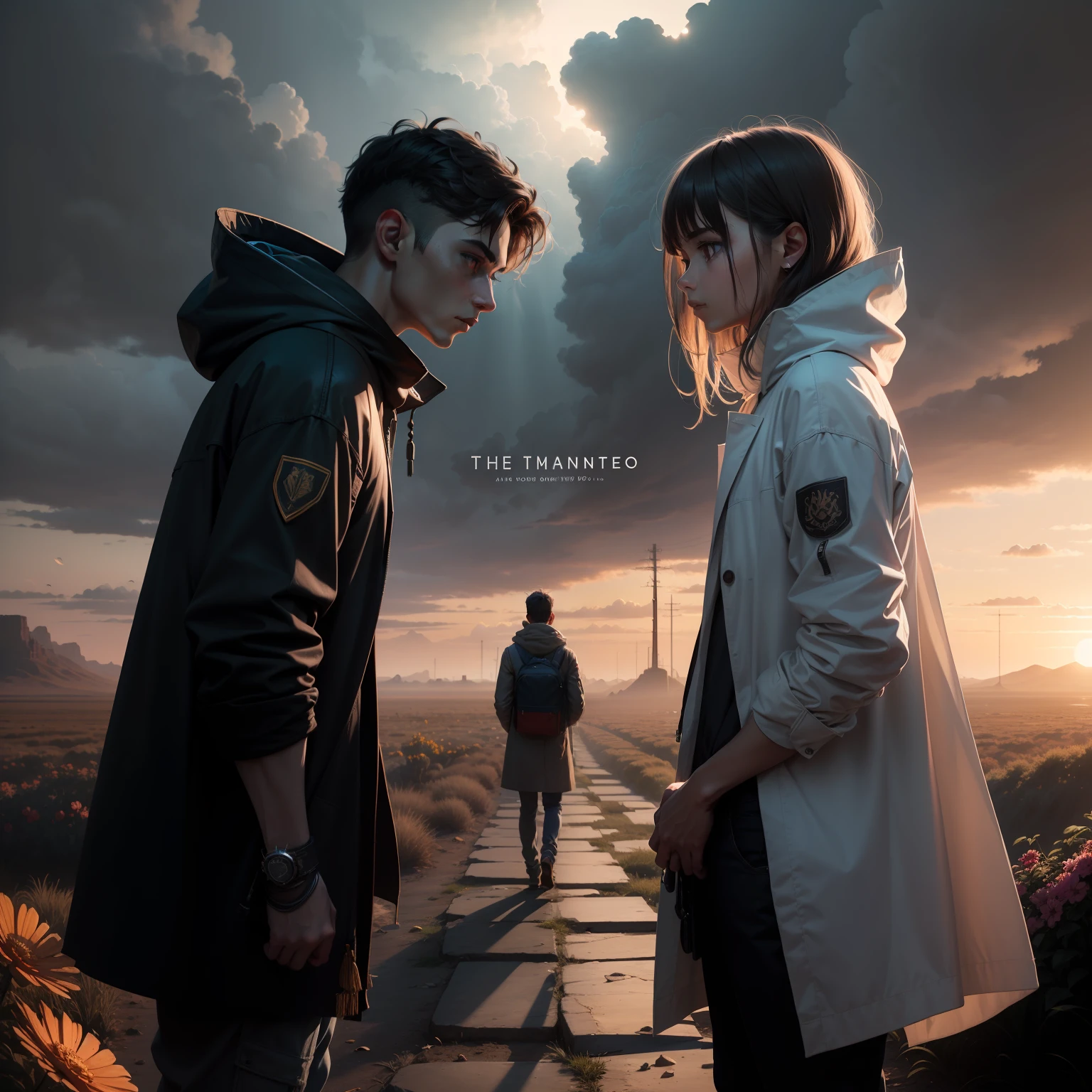FILM TITLE: "Caminhos da Eternidade"
Promp for poster:
Fundo:
A desolate, post-apocalyptic landscape covered by gloomy clouds and faint rays of sunshine penetrating the atmosphere. The predominant colors are shades of gray and blue, creating a melancholic and mysterious atmosphere.
Personagens:
In the center of the poster, The film's three protagonists are portrayed in dynamic positions and expressions that convey their determination. Daniel, Elena and Noah are positioned in an inverted triangle, suggesting their intertwined connections.
Daniel: He's dressed in a scientist's lab coat, holding a complex mathematical formula that represents his revolutionary discoveries about time travel.
Elena: She's wrapped in an artistic cloak, segurando um pincel e uma paleta de cores, representing your artistic expression and ability to find beauty in adversity.
Noah: He appears with a determined appearance, wearing makeshift survival clothes and holding a map or a technological device, indicating his search for the salvation of mankind.
Elementos visuais:
Ponto focal: A crack in time that opens up behind the protagonists, showing different melted eras, representando a natureza complexa e perturbadora das viagens no tempo.
Simbolismo: Ao redor dos personagens, Dry, wilted leaves blend with bright colors of flowers in full bloom, sugerindo a dualidade entre vida e morte, hope and despair.
title: The title "Caminhos da Eternidade" is positioned at the top of the poster, em letras majestosas e elegantes, with an appearance that seems to crack and merge with the surrounding environment.
Atmosfera:
The poster should convey a sense of mystery, drama and a dash of hope. The cool and dark colors combined with contrasting symbolic elements evoke the duality present in the film's narrative.
Detalhes adicionais:
Para adicionar um toque de autenticidade, inclua --auto