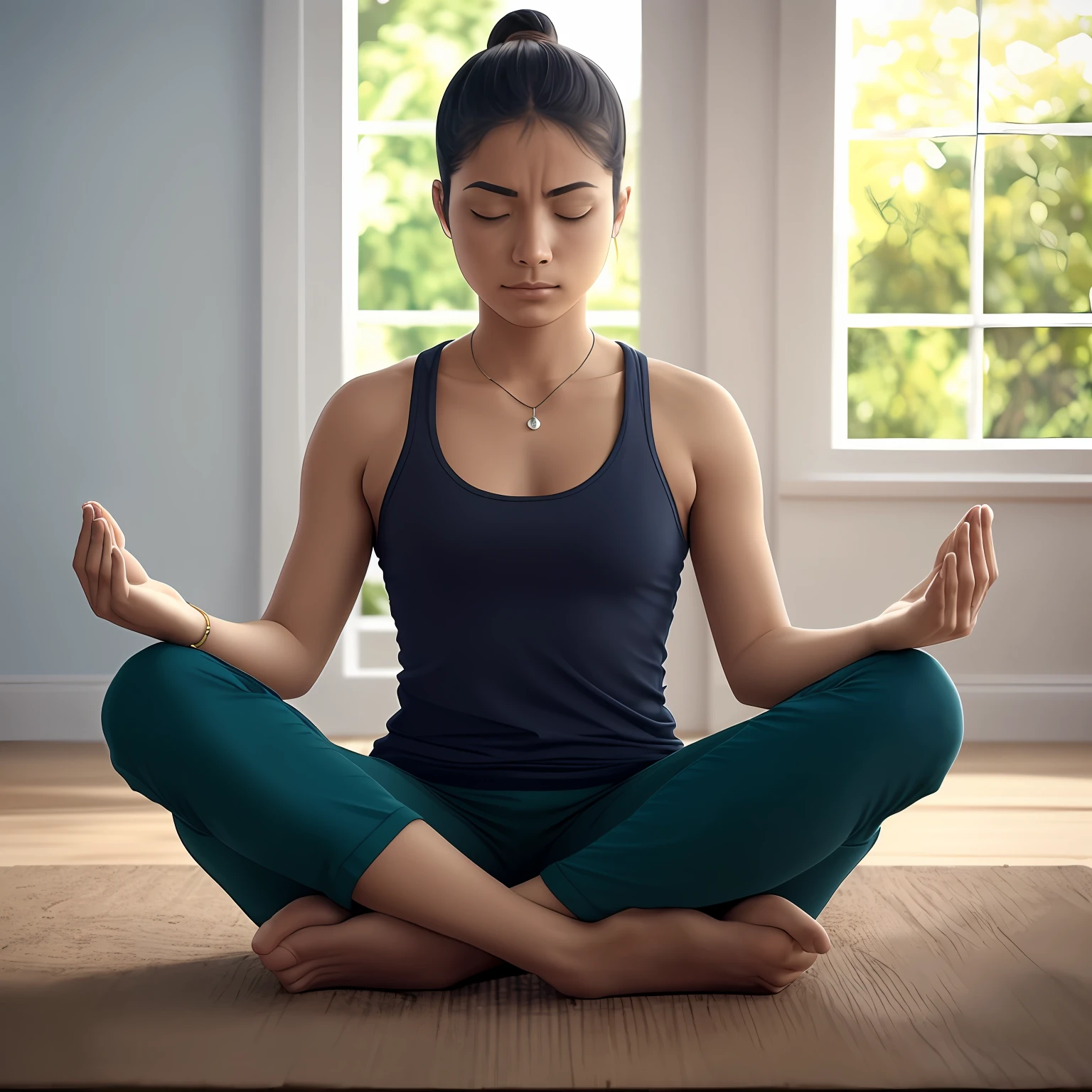 imagem de uma pessoa meditando em um ambiente calmo e tranquilo, with eyes closed and hands resting on legs, conveying the idea of concentration and inner connection. Meditation is a common practice in Stoicism, ajudando a cultivar a calma, mental clarity and connection to the "eu interior". --auto