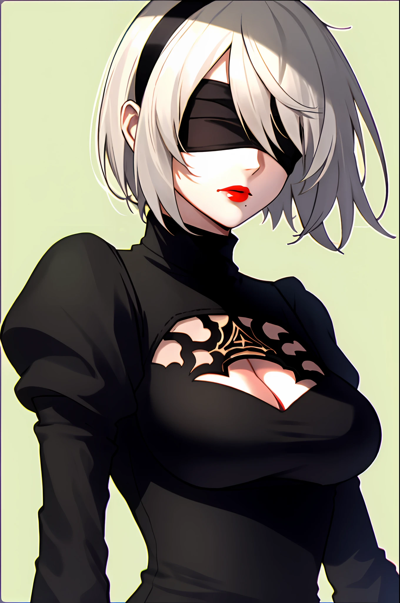 yorha no. 2 type b, 1girl, blindfold, breasts, cleavage, cleavage cutout, clothing cutout, green background, hair between eyes, hairband, highres, juliet sleeves, long sleeves, mole, mole under mouth, nier (series), nier automata, oni gini, puffy sleeves, red lips, shaded face, short hair, solo, turtleneck, upper body, white hair,