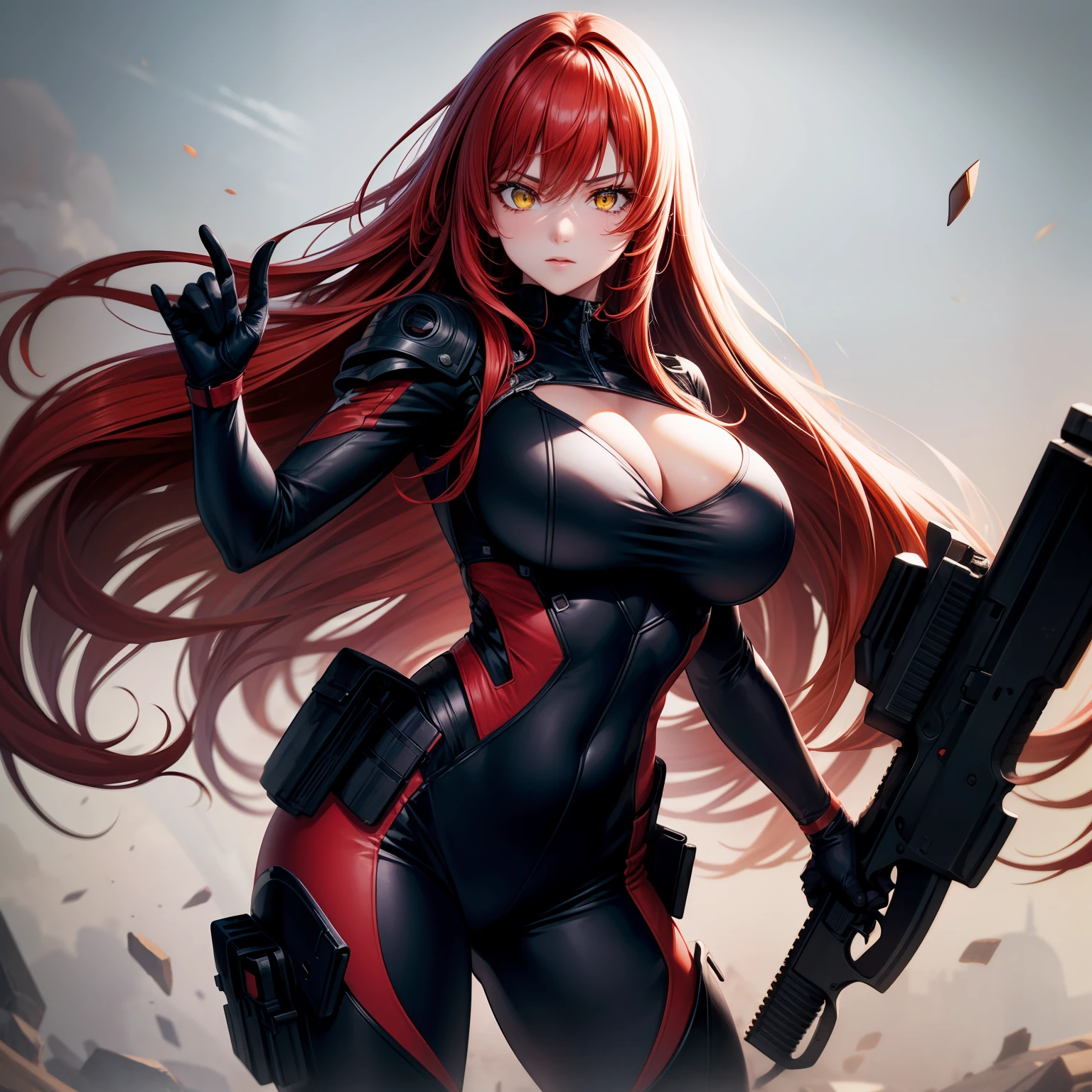 1woman, long red hair, yellow eyes, black combat suit, big breasts, gun in hand