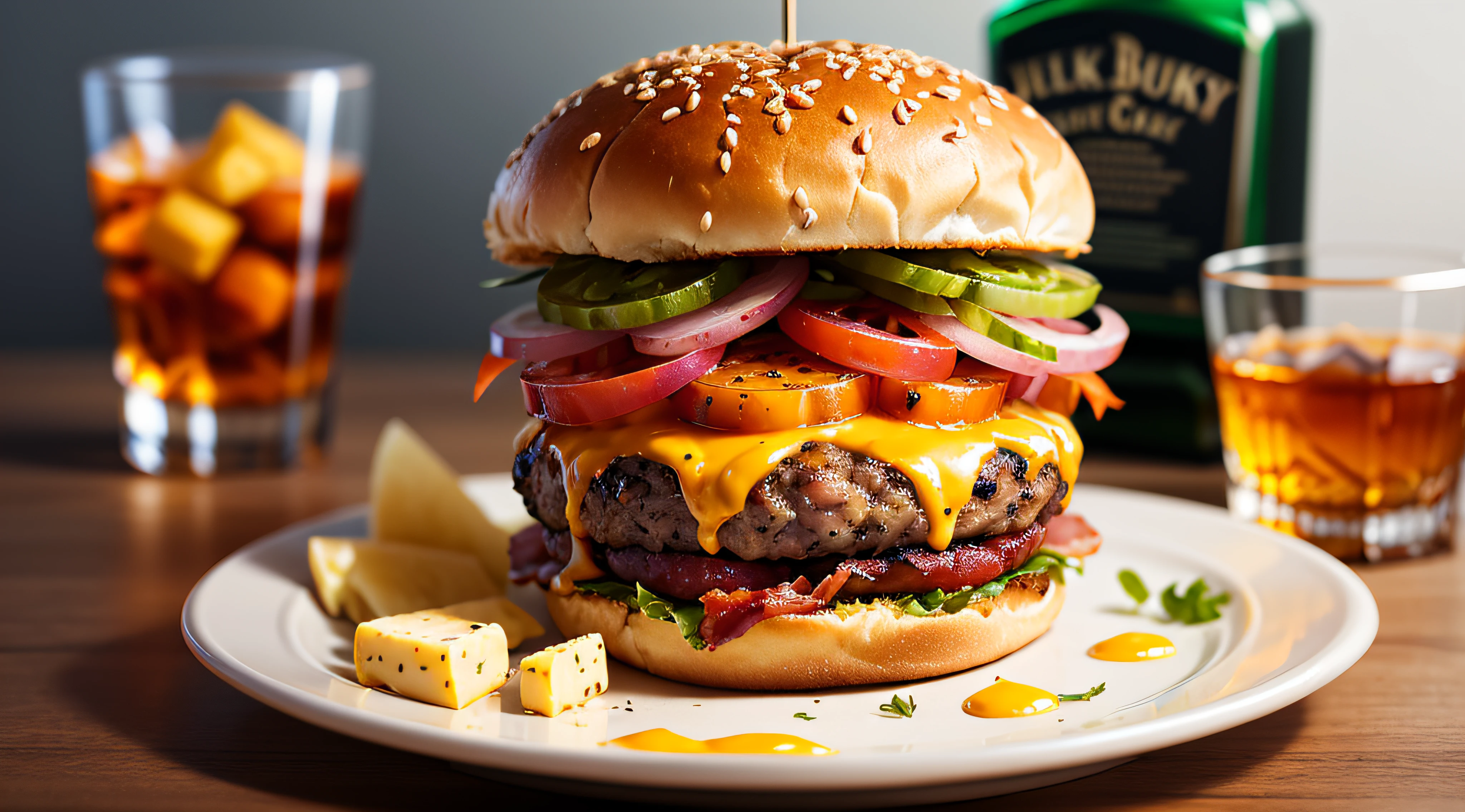 a delicious triple meat burger with bacon and yellow cheese, accompanied with a glass of whiskey on the rocks --auto