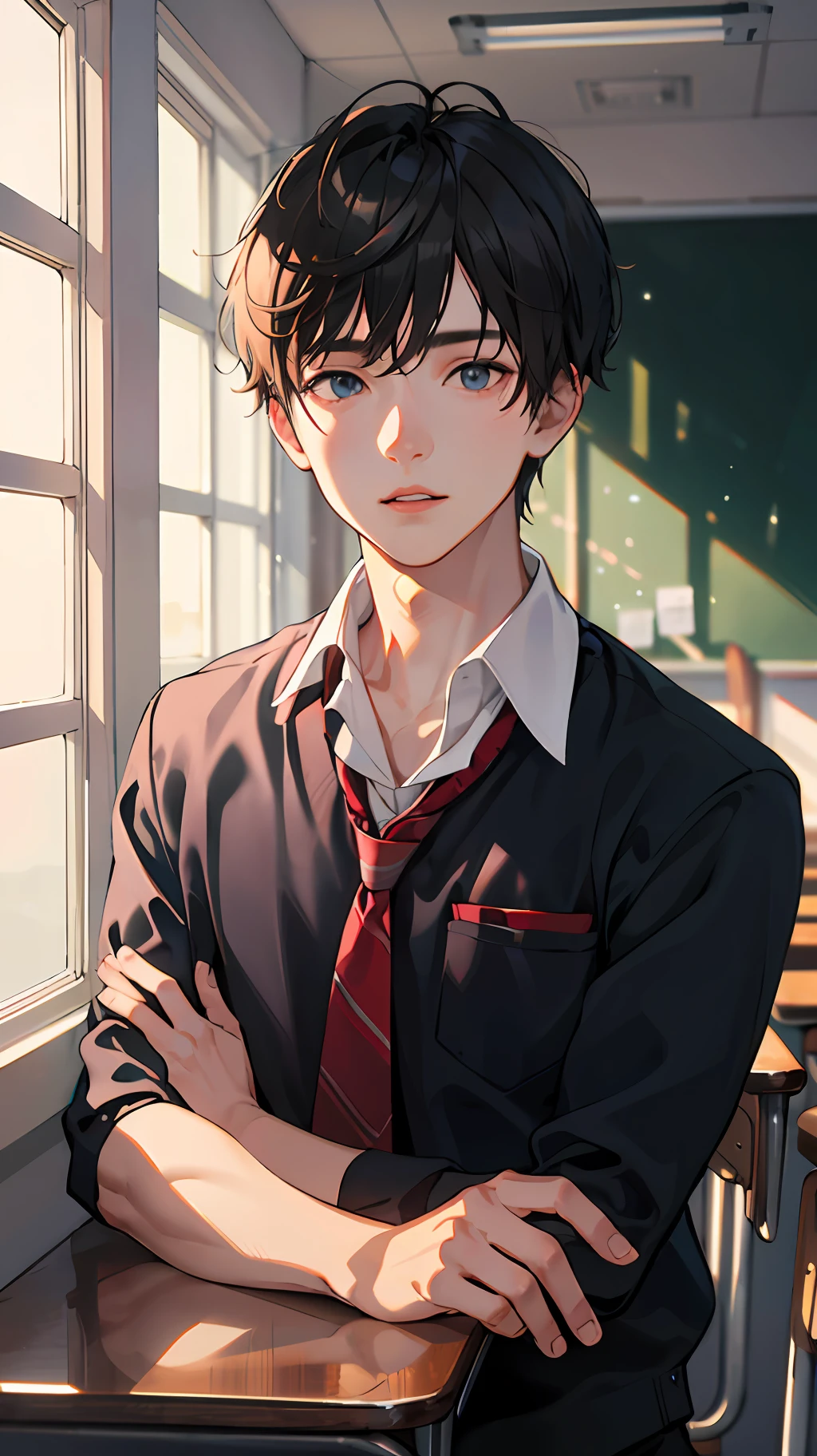 Male，man，young teenager，Young men，High school students，The background is in the classroom，School uniform，extreme hight detail，Realistic light and shadow，Sunlight comes in through the windows，facula，softlighting，soft focus，the best quality，face red，Look at the lens