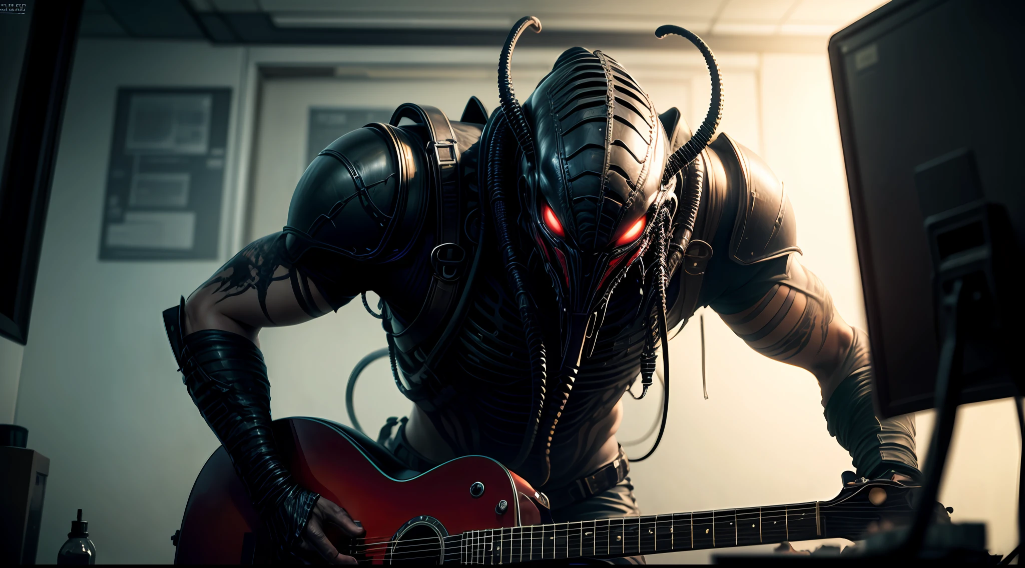 Predator playing guitar. Alien VS predator film. detailed eyes, detailed face, inside his lab,
, crazy scene from a movie, dramatic shooting angle, atmospheric particles,
Real, raw cinematic photorealism, action portrait, 8k, detailed, centered, full frame