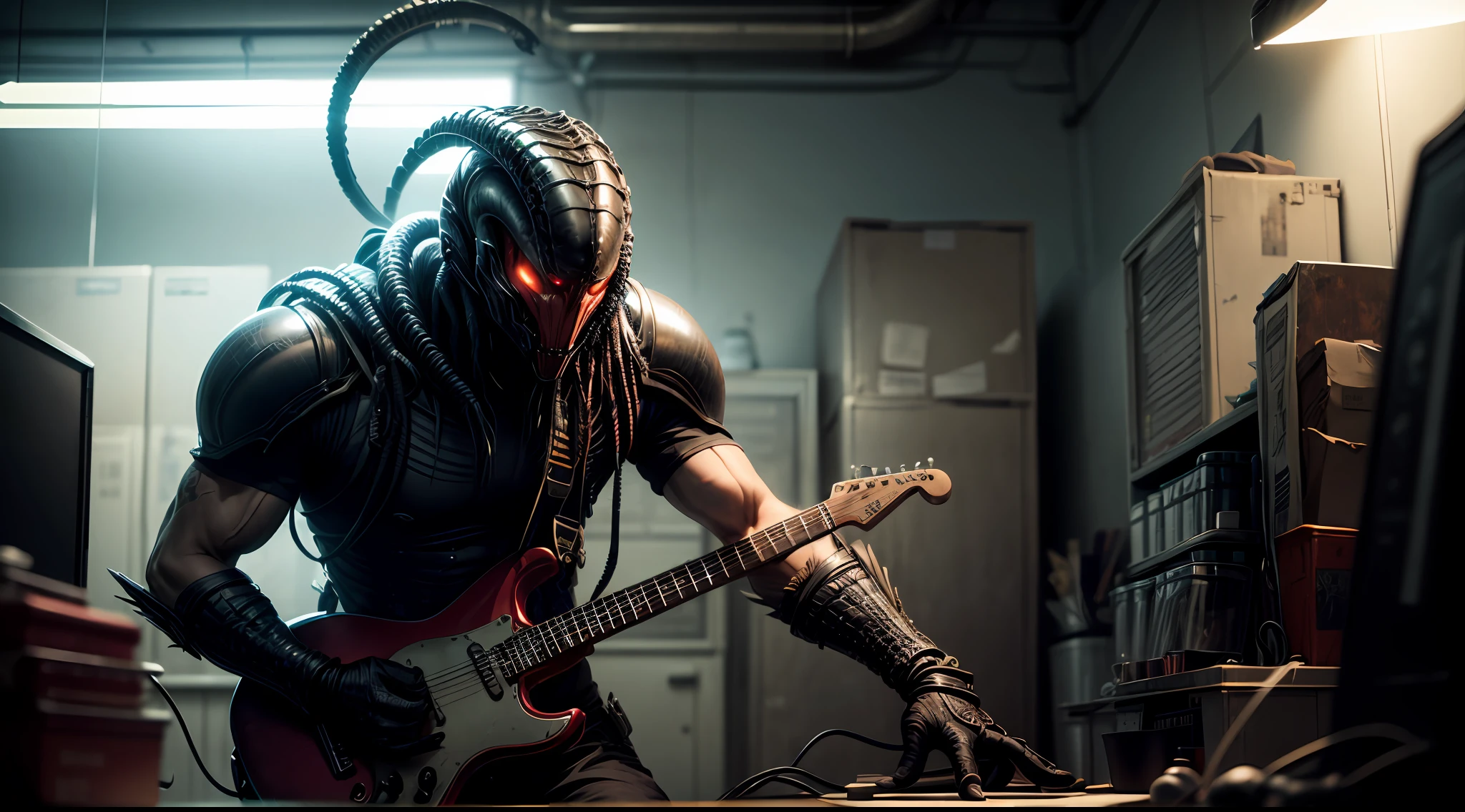 Predator playing guitar. Alien VS predator film. detailed eyes, detailed face, inside his lab,
, crazy scene from a movie, dramatic shooting angle, atmospheric particles,
Real, raw cinematic photorealism, action portrait, 8k, detailed, centered, full frame