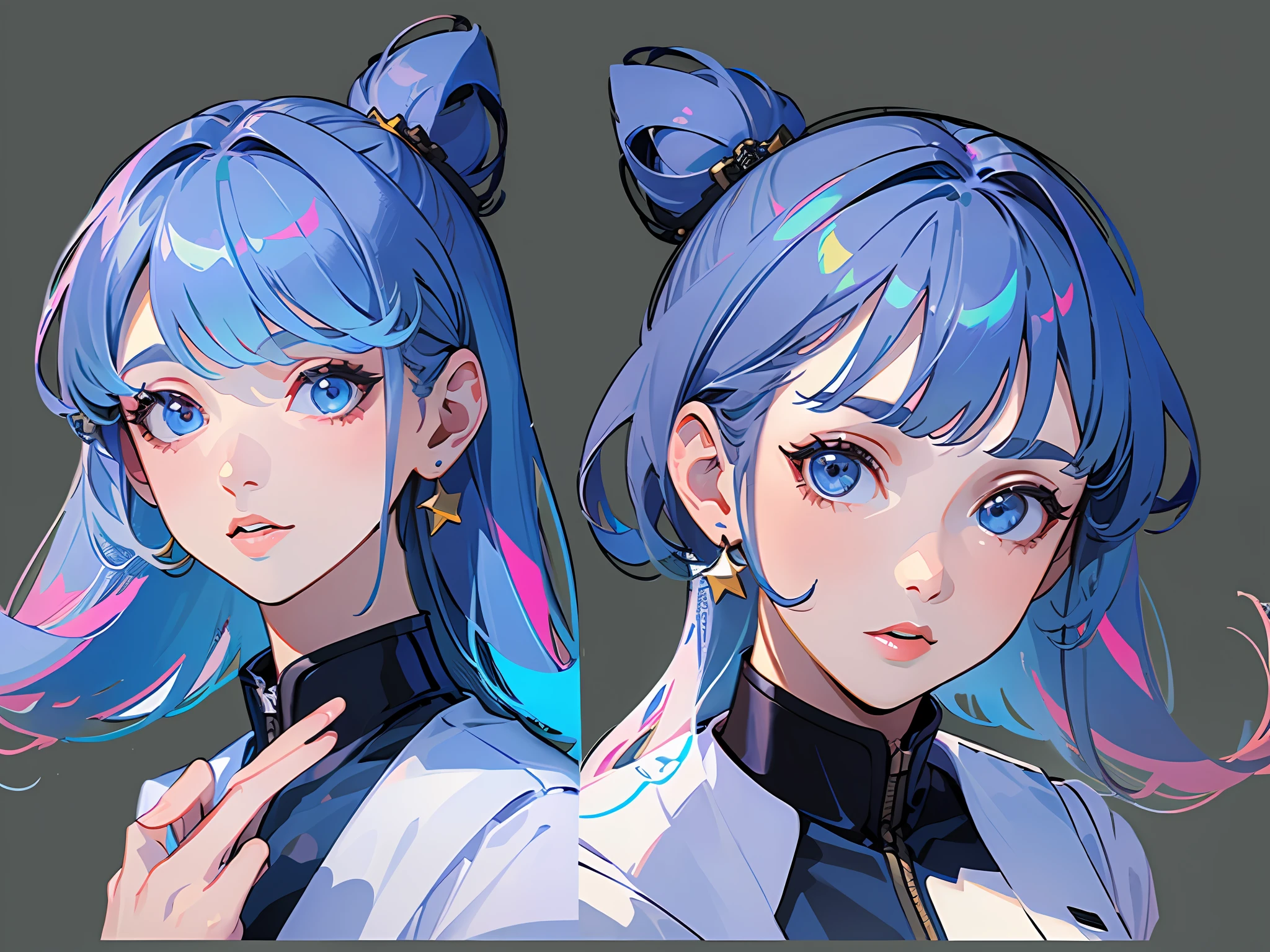 ((masterpiece)),(((best quality))),(character design sheet, same character, front, side, back), illustration, 1 girl, hair color, bangs, hairstyle fax, eyes, environment change scene, Hairstyle Fax, Pose Zitai, Female, Shirt Shangyi, Star, Charturnbetalora, (simple background, white background: 1.3), --6