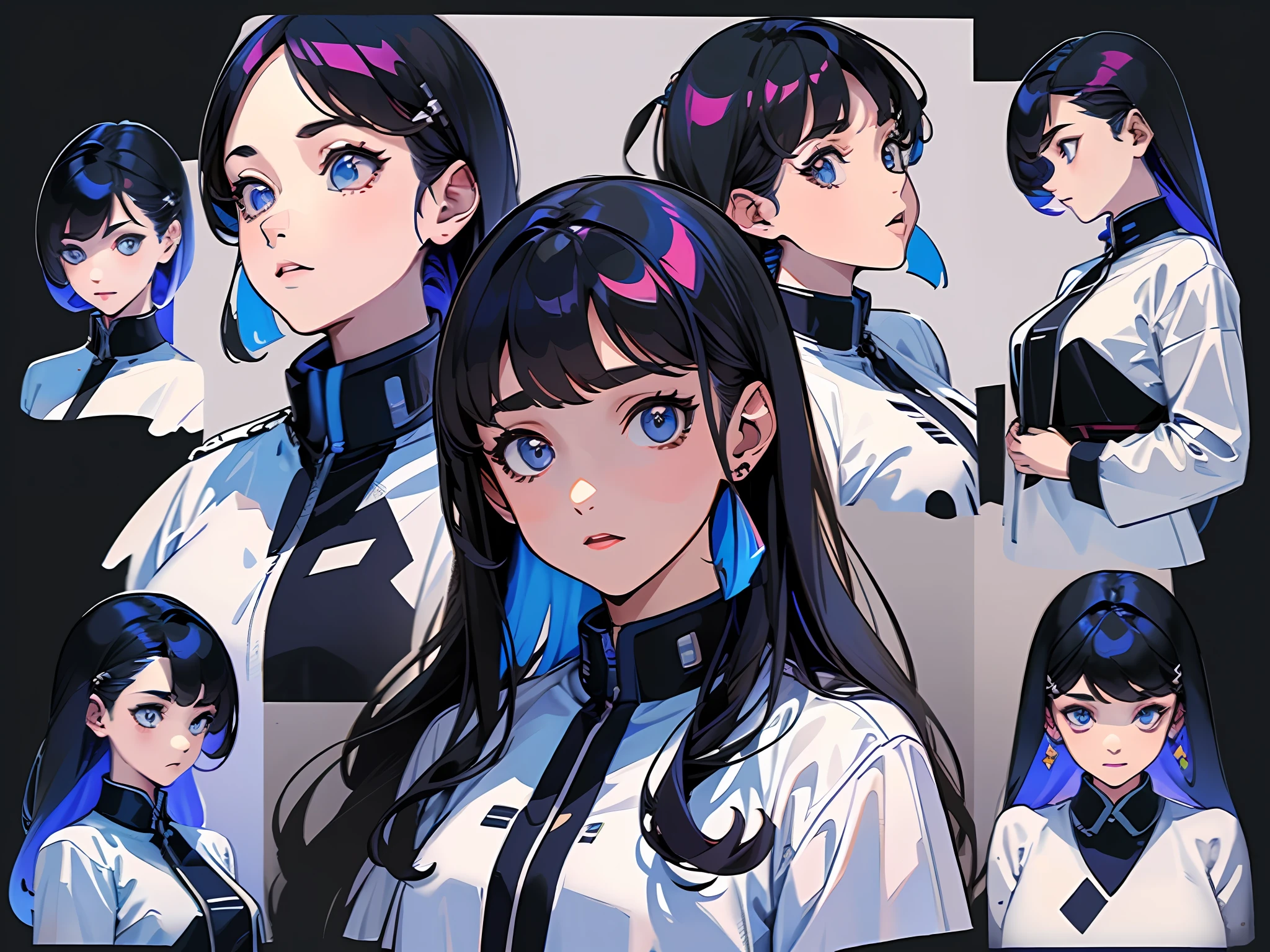 ((masterpiece)),(((best quality))),(character design sheet, same character, front, side, back), illustration, 1 girl, hair color, bangs, hairstyle fax, eyes, environment change scene, Hairstyle Fax, Pose Zitai, Female, Shirt Shangyi, Star, Charturnbetalora, (simple background, white background: 1.3), --6