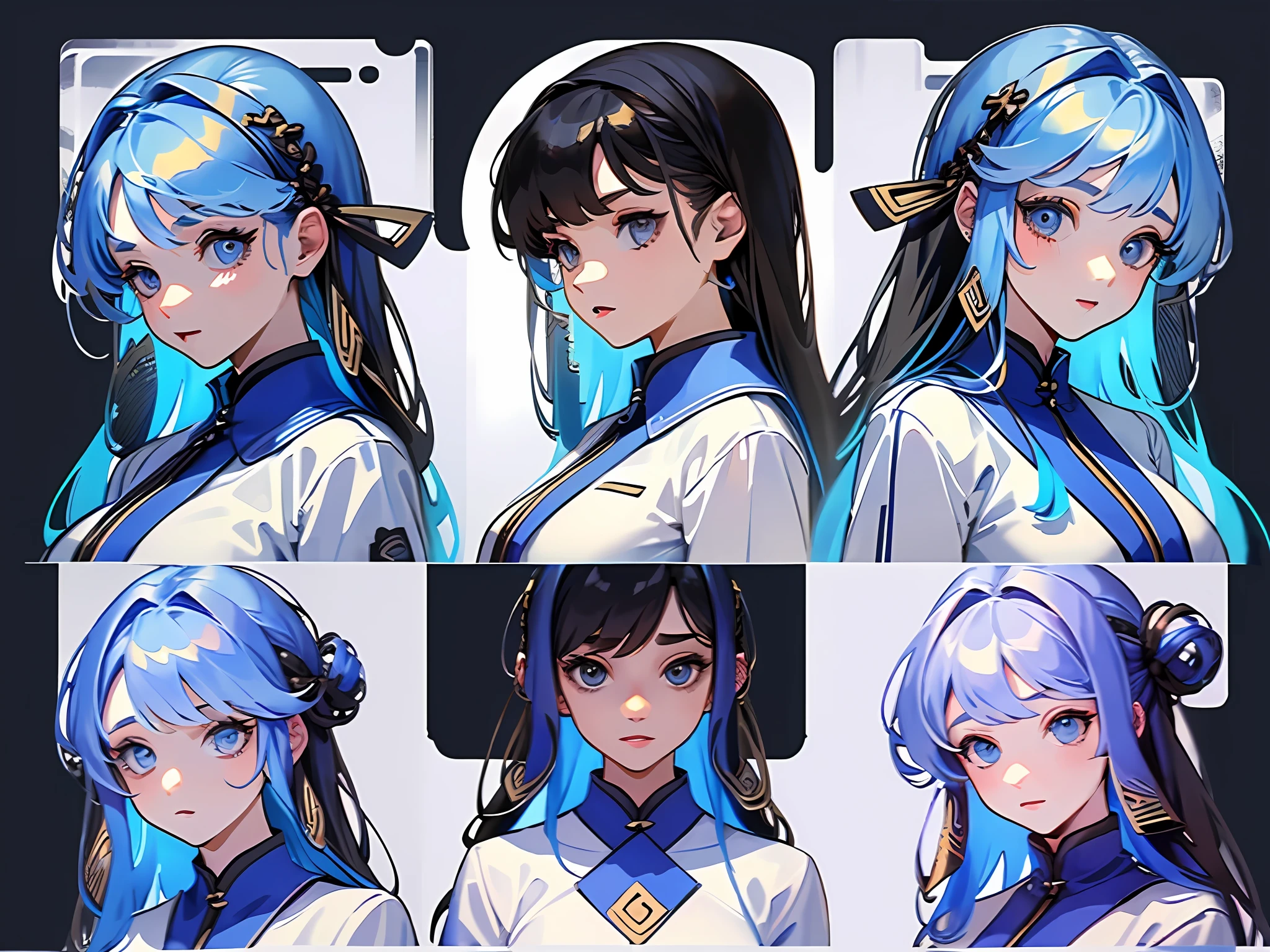 ((masterpiece)),(((best quality))),(character design sheet, same character, front, side, back), illustration, 1 girl, hair color, bangs, hairstyle fax, eyes, environment change scene, Hairstyle Fax, Pose Zitai, Female, Shirt Shangyi, Star, Charturnbetalora, (simple background, white background: 1.3), --6
