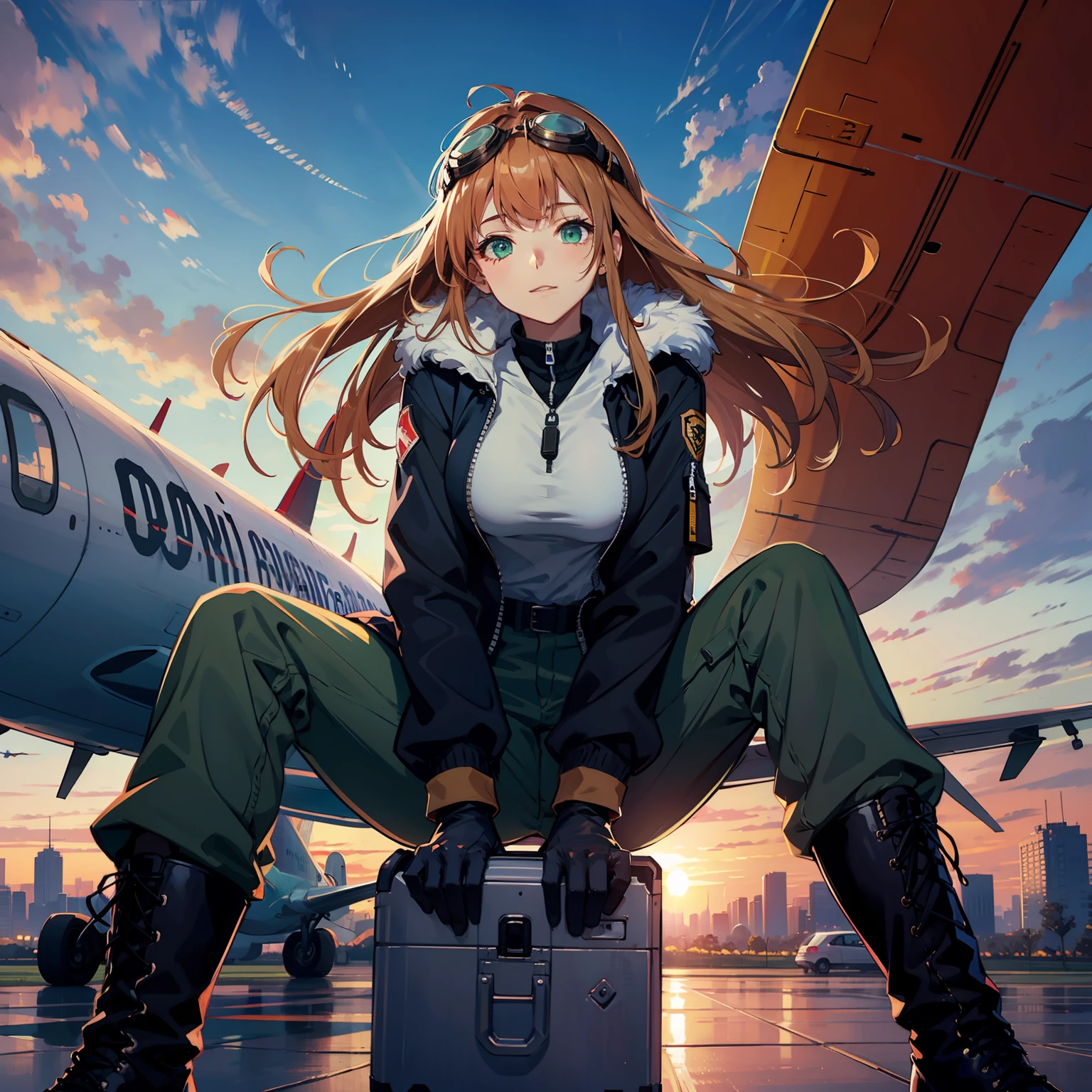 masterpiece, best quality,1girl, goggles, solo, long hair, goggles on head, gloves, sky, aircraft, boots, sitting, cloud, airplane, breasts, jacket, green eyes, pants, day, fur trim, outdoors, brown gloves, looking at viewer, medium breasts ,Hair blown by the wind,Pilot,dusk, sunset, from below,silly,
