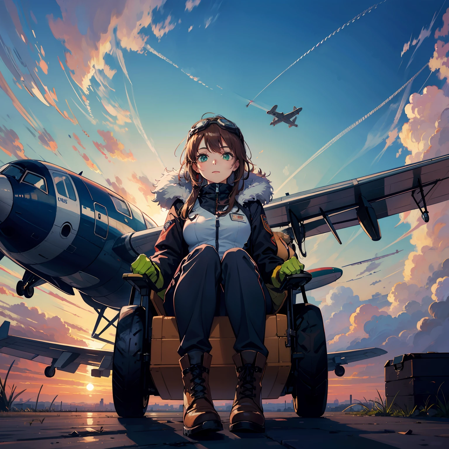 masterpiece, best quality,1girl, goggles, solo, long hair, goggles on head, gloves, sky, aircraft, boots, sitting, cloud, airplane, breasts, jacket, green eyes, pants, day, fur trim, outdoors, brown gloves, looking at viewer, medium breasts ,Hair blown by the wind,Pilot,dusk, sunset, from below,silly,