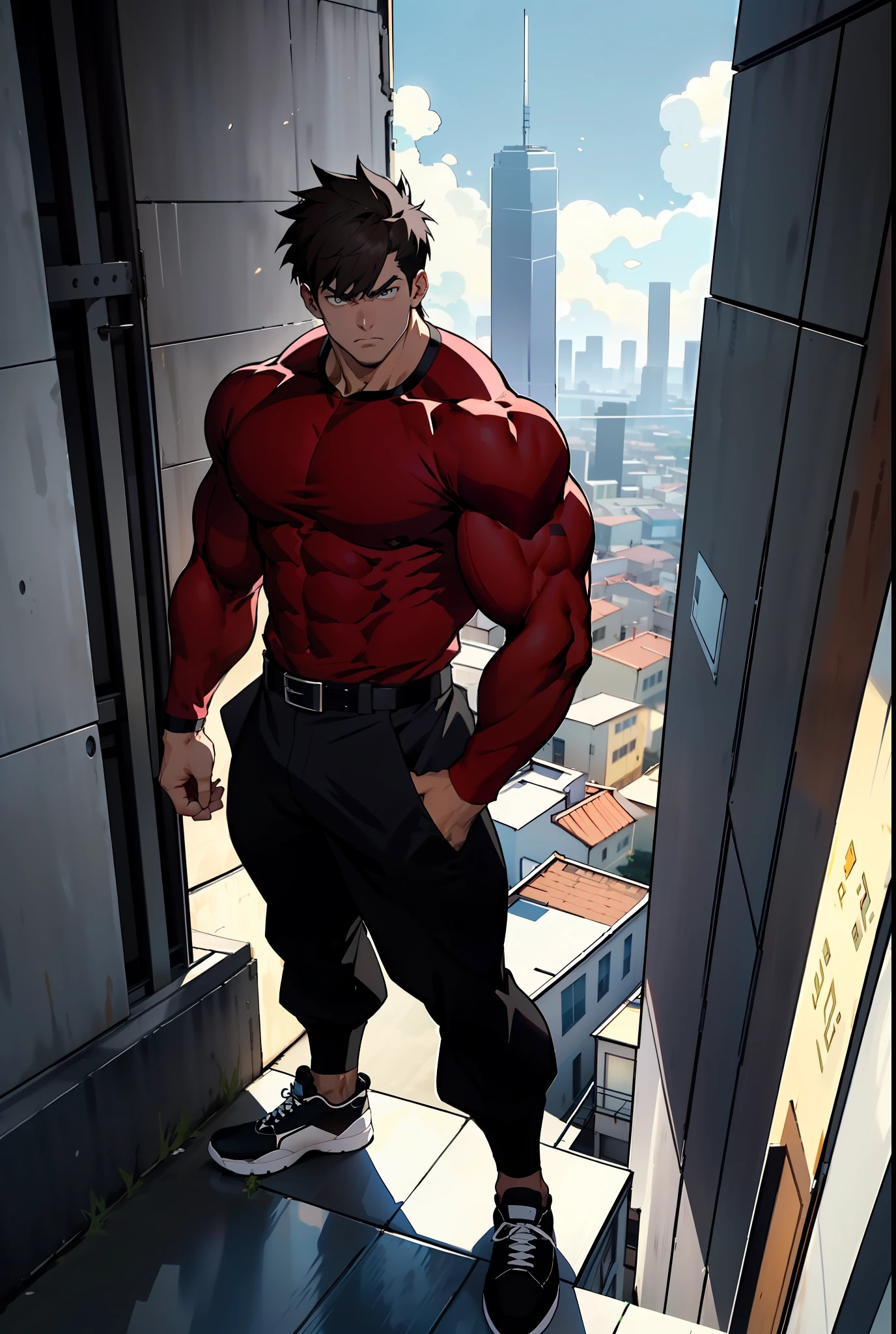 Generate anime-style art with a high-angle shot of a muscular male character with his body facing the camera, THE CHARACTER IS STANDING ON TOP OF A TALL BUILDING, The protagonist must have an extremely muscular body, very tall, similar to that of a bodybuilder. The character must have very short hair with dark brown bangs and must be wearing a red long sleeve T-shirt with black pants and a belt and must be wearing a white sneaker. The image should depict the character's entire body, focusing on his intimidating posture. The protagonist must exude strength and dominance, displaying a powerful presence. The scene should feature only the muscular character, THE CHARACTER SHOULD BE ON TOP OF A BUILDING SHOWING A LARGE CITY BELOW HIM