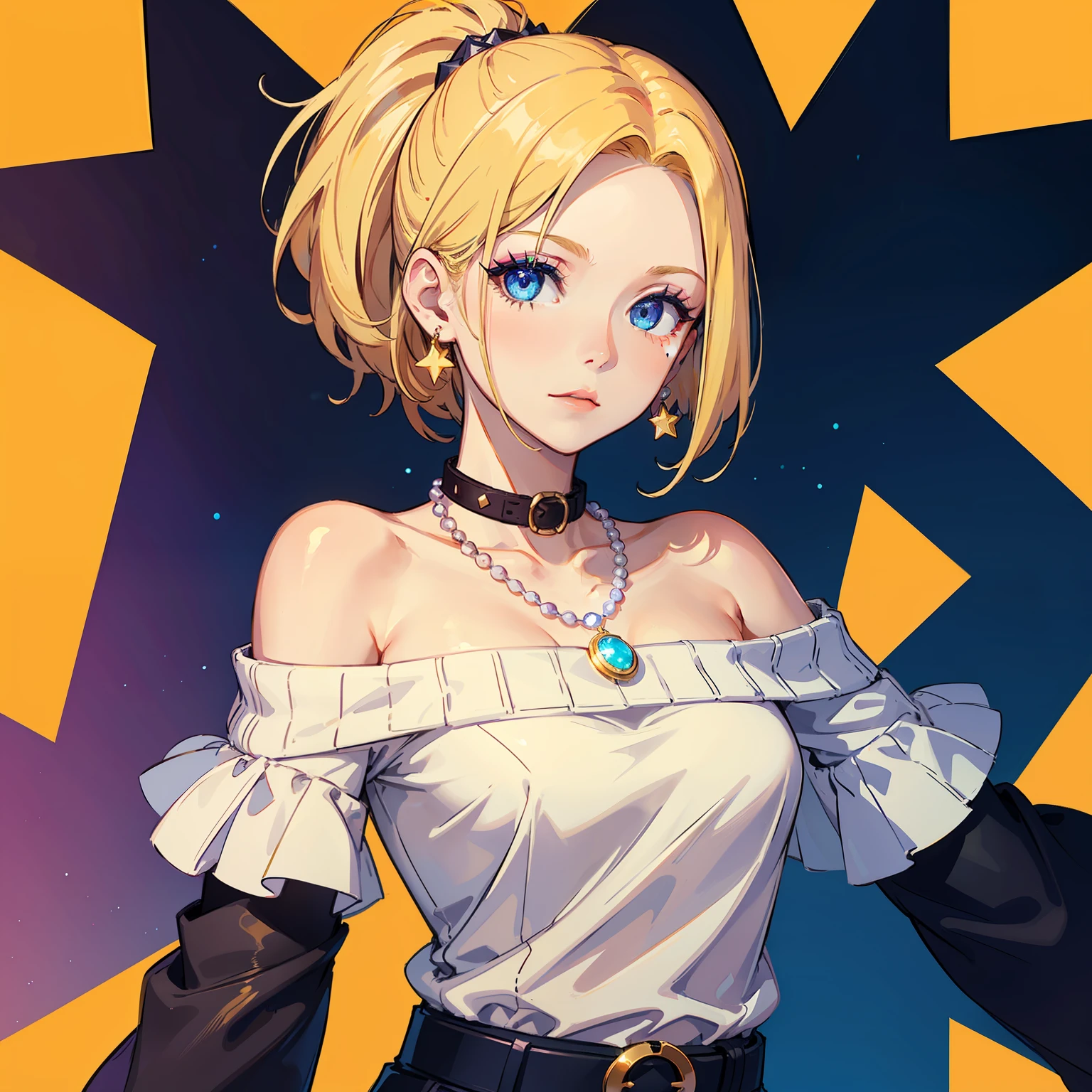 1girl,dynamic angle,high ponytail,solo,yellow background,android 18,blonde hair,star (symbol),looking at viewer,earrings,collar,purple eyes,upper body,orange off-shoulder_sweater,simple background,arms_down,exquisite makeup,blue eyes,belt,pearl_necklace,bracelet,short hair,short sleeves,earrings,