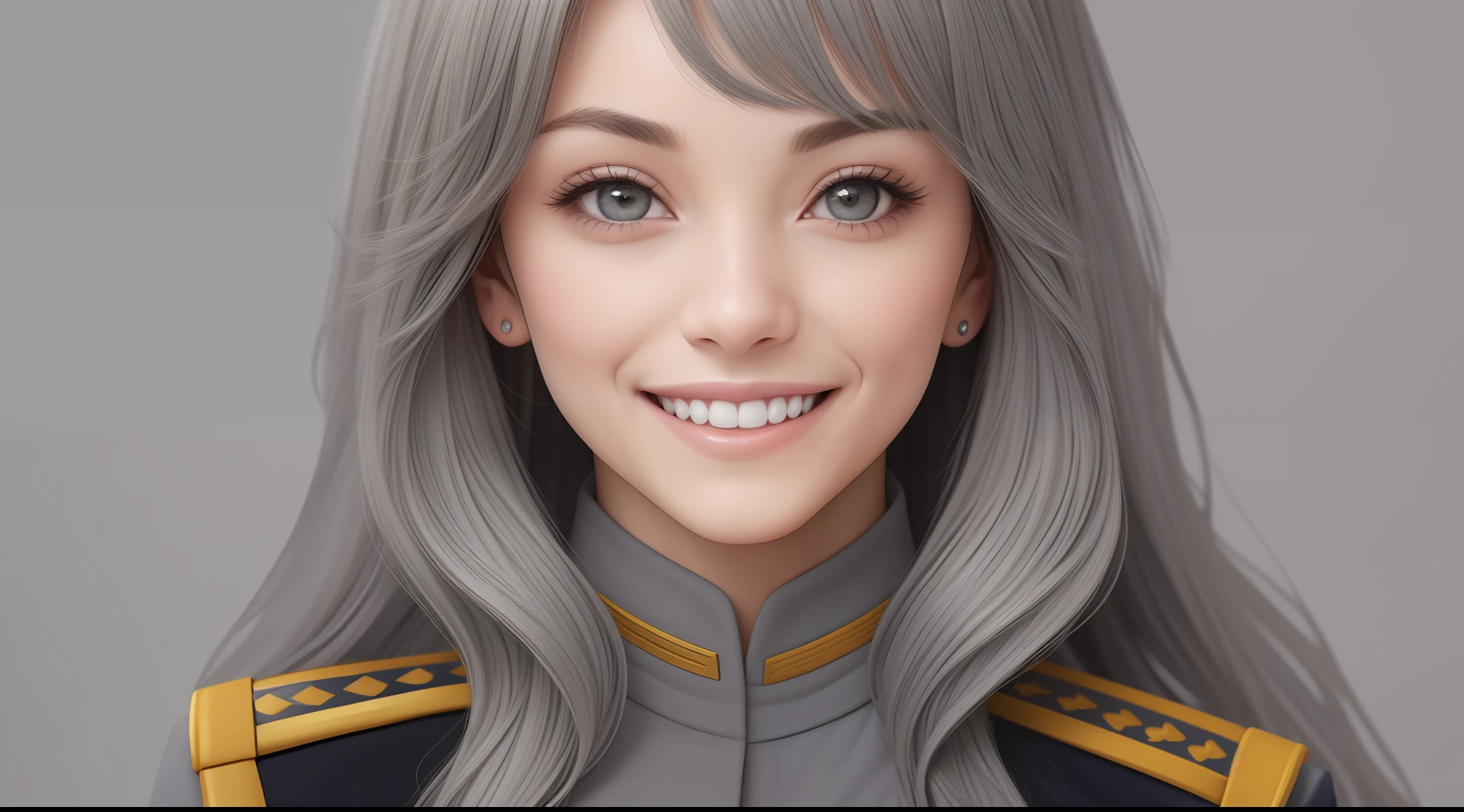 (grey background:1.5), (photorealistic:1.4), (best quality:1.0), (ultra highres:1.0), 8k, RAW photo, (masterpiece:0.2), 1girl, beautiful skin, detailed skin, big smile, teeth, (uniform:1.5)