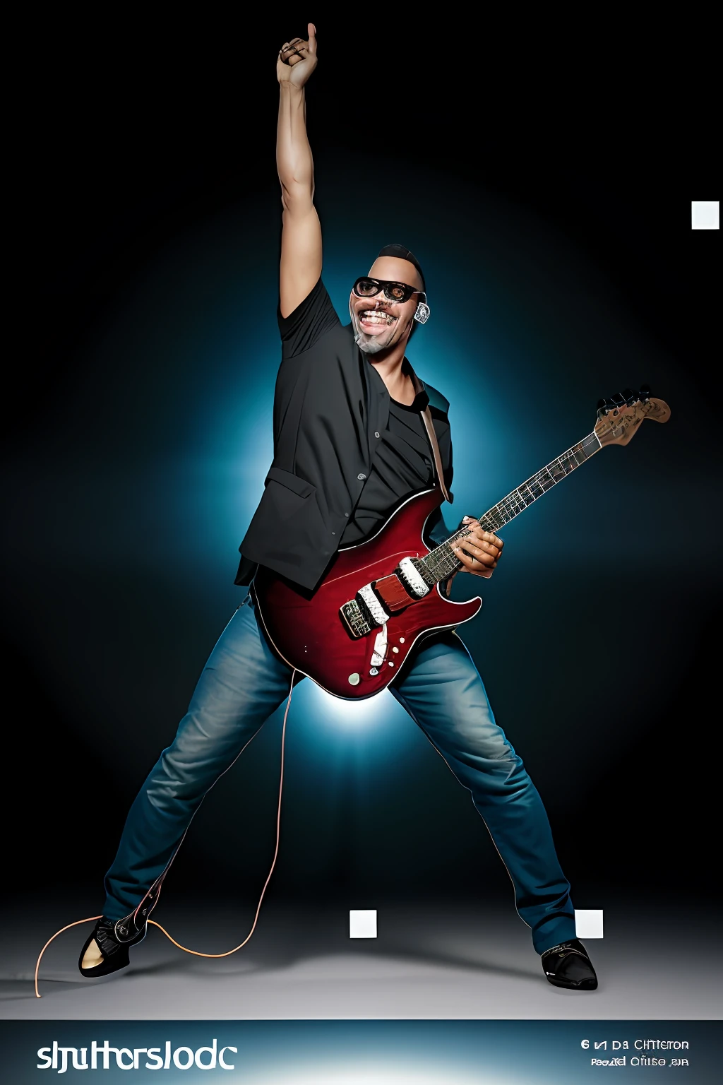 guttonerdvision6, um homem de oculos com pele e rosto realista, roqueiro, braco para cima, cantor de banda, jaqueta de rock, ripped jeans, guitarra stratocaster preta e branca, show, playeia, iluminacao de palco, cena com detalhes intrincados e realistas, foto premiada, impressionante