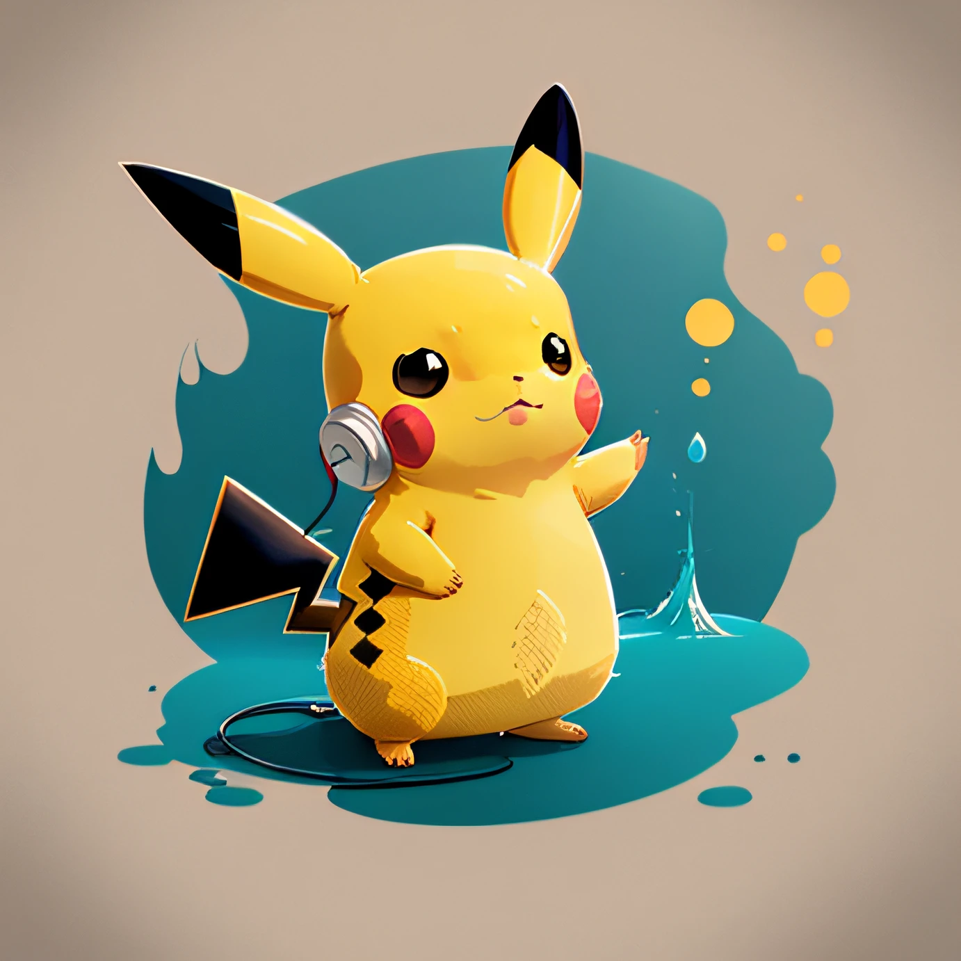pokemon pikachu, utilizando headphones, splash technique, vector full color