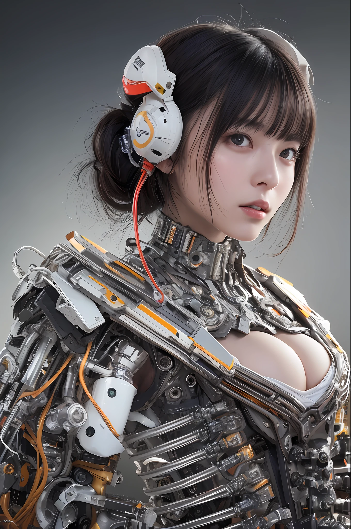 Top Quality, Masterpiece, Ultra High Resolution, (Photorealistic: 1.4), Raw Photo, 1 Asian Girl, Black Hair, Glossy Skin, 1 Mechanical Girl, (Ultra Realistic Detail)), Portrait, Global Illumination, Shadows, Contrast, Octane Rendering, 8K, Ultra Sharp, Big, Cleavage Exposed Raw Skin, Metal, Intricate Ornament Details, Very intricate details, realistic light, CGSoation trend, facing the camera, neon details, mechanical limbs, blood vessels connected to the tube, mechanical vertebrae attached to the back, mechanical cervical attachment to the neck, sitting, wires and cables connecting to the head, gundam, small LED lamps.