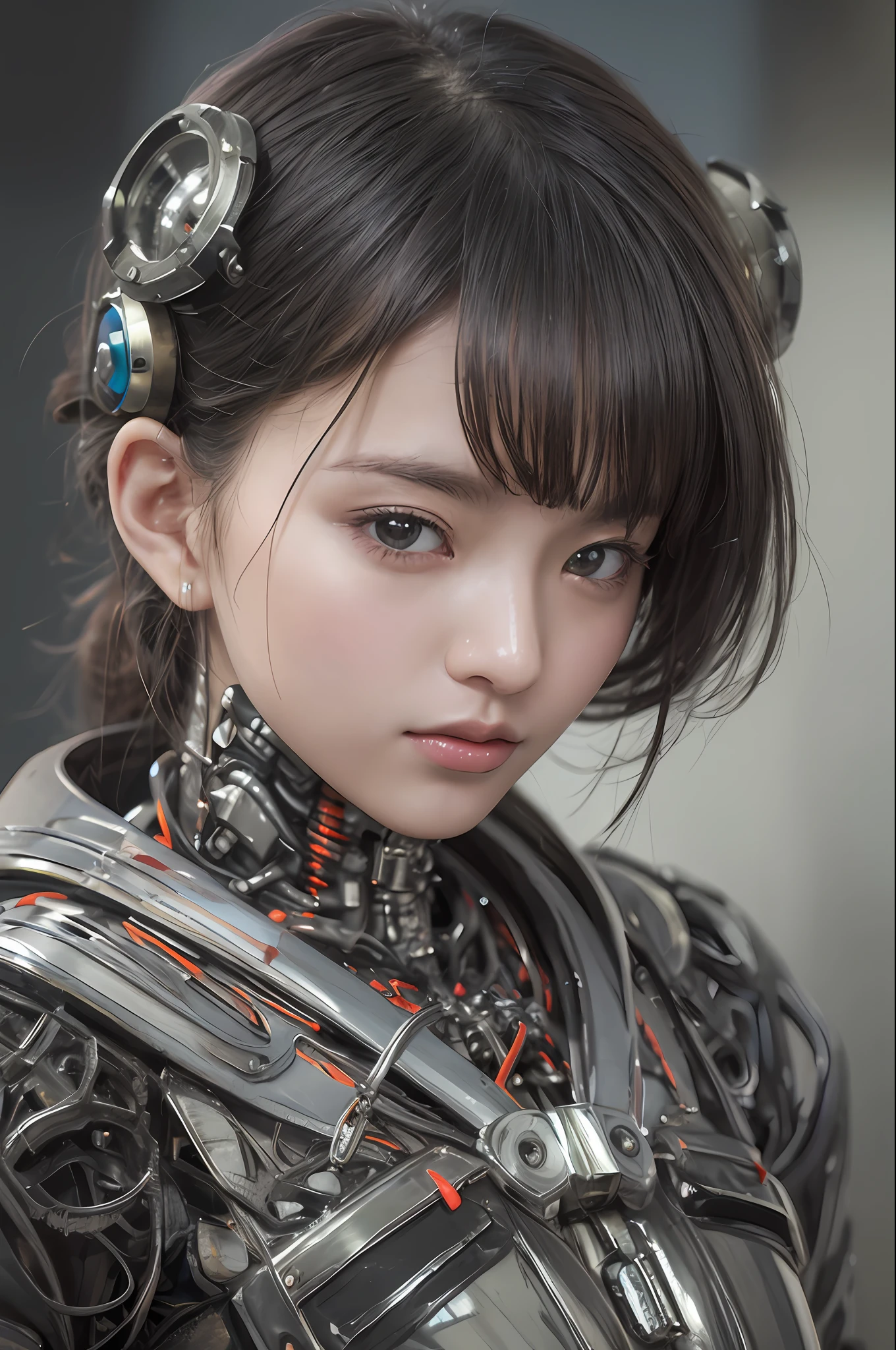 Top Quality, Masterpiece, Ultra High Resolution, (Photorealistic: 1.4), Raw Photo, 1 Asian Girl, Black Hair, Glossy Skin, 1 Mechanical Girl, (Ultra Realistic Detail)), Portrait, Global Illumination, Shadows, Contrast, Octane Rendering, 8K, Ultra Sharp, Big, Cleavage Exposed Raw Skin, Metal, Intricate Ornament Details, Very intricate details, realistic light, CGSoation trend, facing the camera, neon details, mechanical limbs, blood vessels connected to the tube, mechanical vertebrae attached to the back, mechanical cervical attachment to the neck, sitting, wires and cables connecting to the head, gundam, small LED lamps.