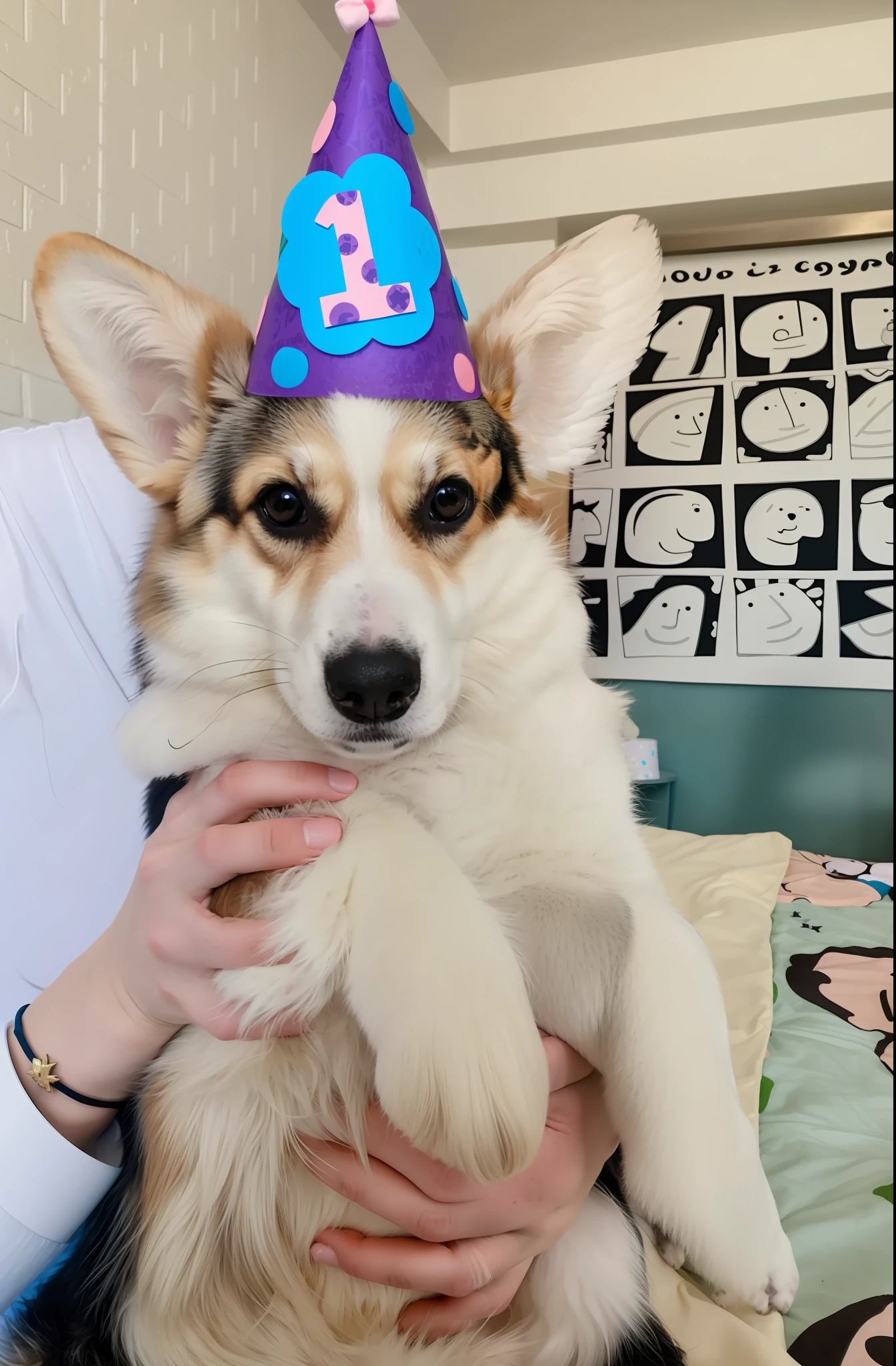 there is a woman holding a dog wearing a birthday hat, wearing a party hat, cute corgi, author：Emma Andievska, 2 years old, cute furry needs your help, dog wearing a crown, it's wearing a cute little hat, wearing a silly hat, paws on head, awww, years old, corgi with [ Angel's wings ]!!