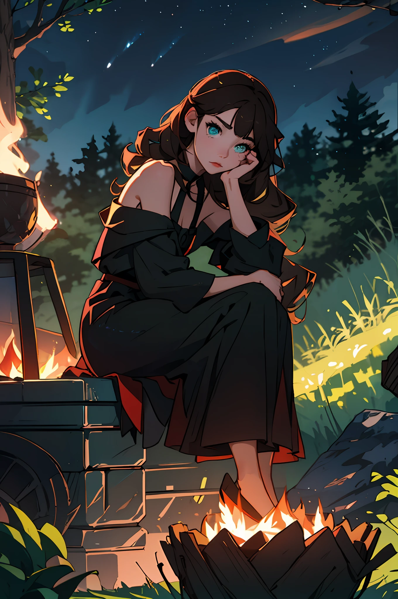 (best quality: 1.3), (masterpiece: 1.1), (illustration: 1.2), (ultra-detailed: 1.2), beautiful detailed green eyes,
(Extremely detailed background:1.1), (bonfire1.1), twilight, moon, fog, forest, camp
Bonfire 
(1girl), ((sitting)), (dark brown hair), (long curly hair), (expressionless), ((side face)), staring at pensive campfire, mouth shut,
Black porcelain dress with gold buttons, bare shoulders