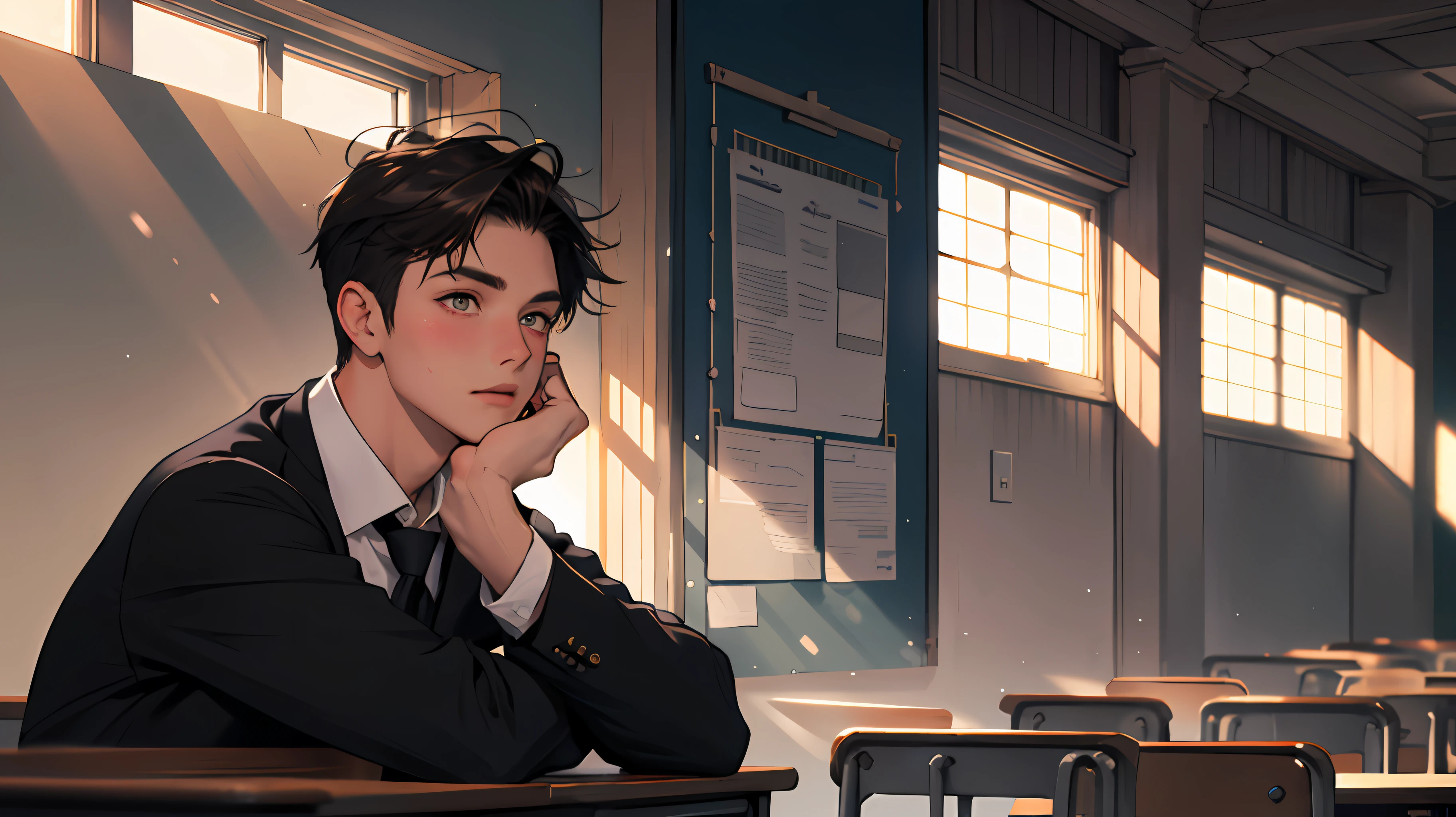 Male，man，young teenager，Young men，High school students，The background is in the classroom，School uniform，extreme hight detail，Realistic light and shadow，Sunlight comes in through the windows，facula，softlighting，soft focus，the best quality，blush on，Look at the lens