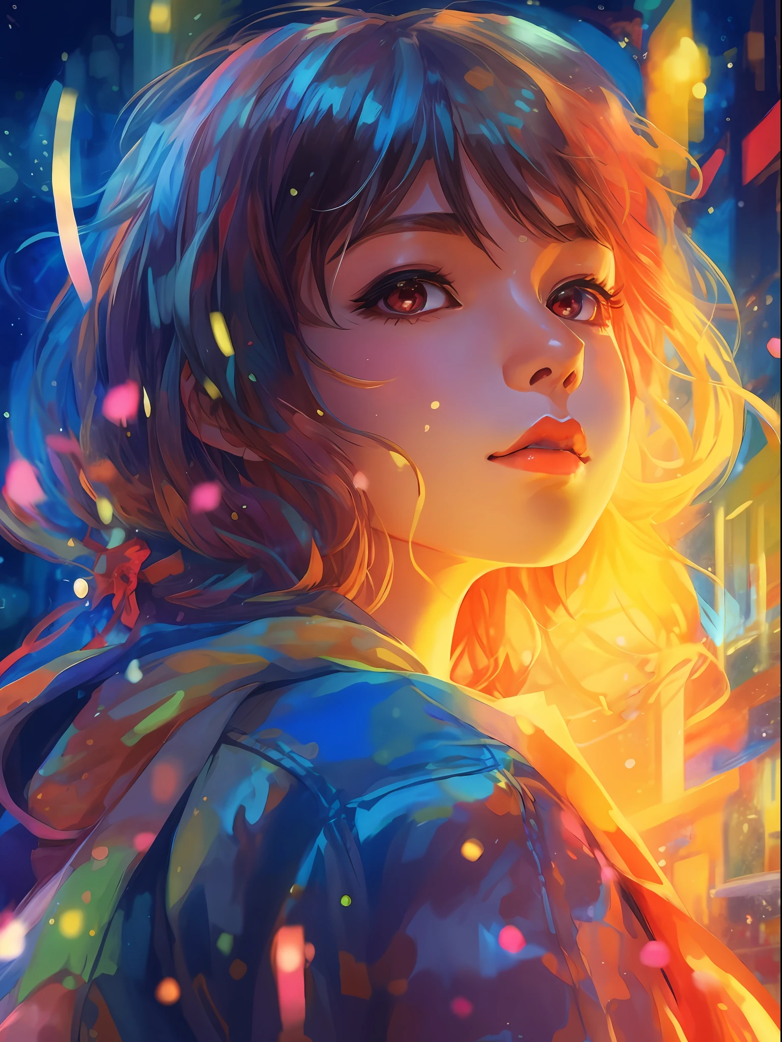 a black  girl with a bright hair and a blue jacket looks at the camera, inspired by Yuumei, digital anime art, colorful digital painting, rossdraws cartoon vibrant, anime style 4 k, black girl  alice x. zhang, by Yuumei, digital anime illustration, beautiful anime portrait, vibrant digital painting, detailed digital anime art, anime digital art