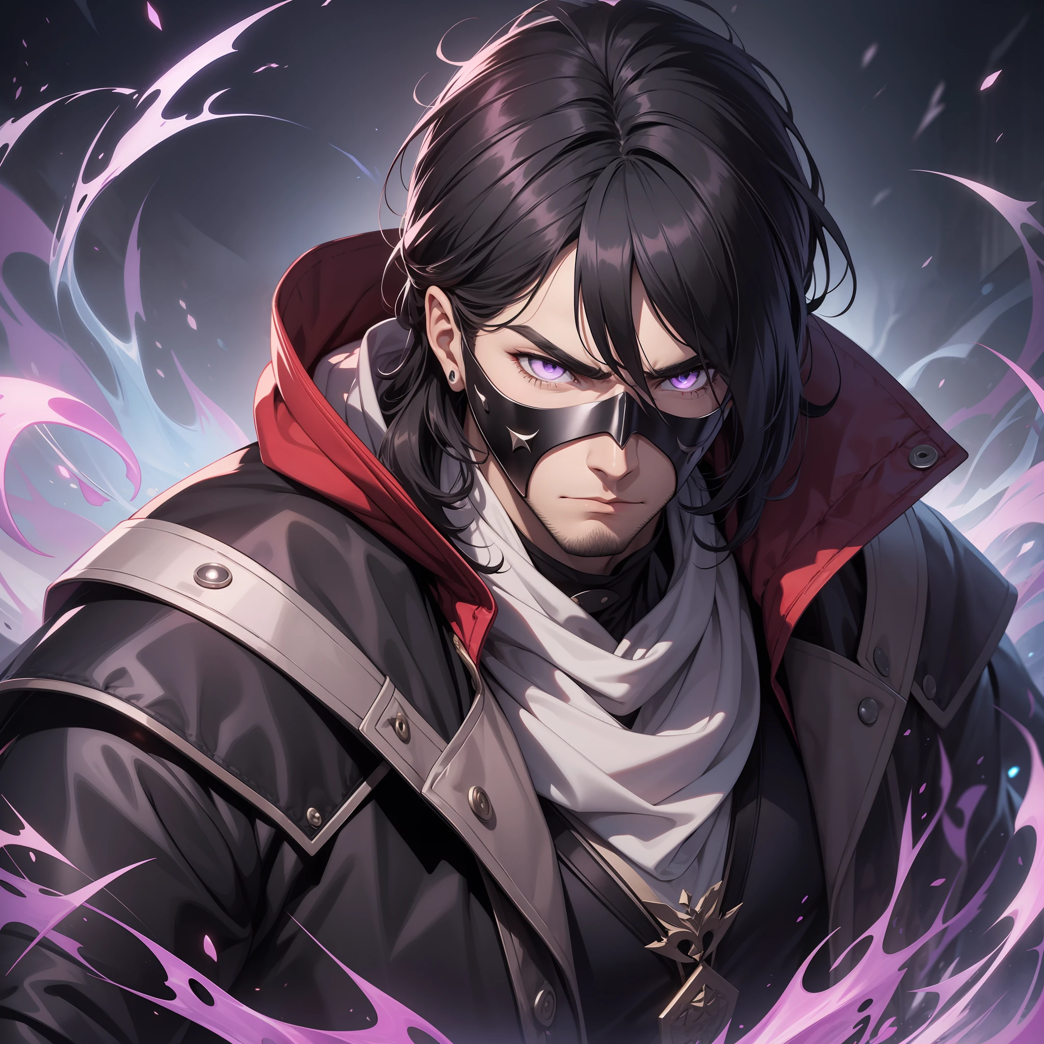 Black hair, medium hair, male, male, arcane, medieval, serious, cold stare, purple eyes, powerful, mask covering face, Bang, 4k, good quality, UHD