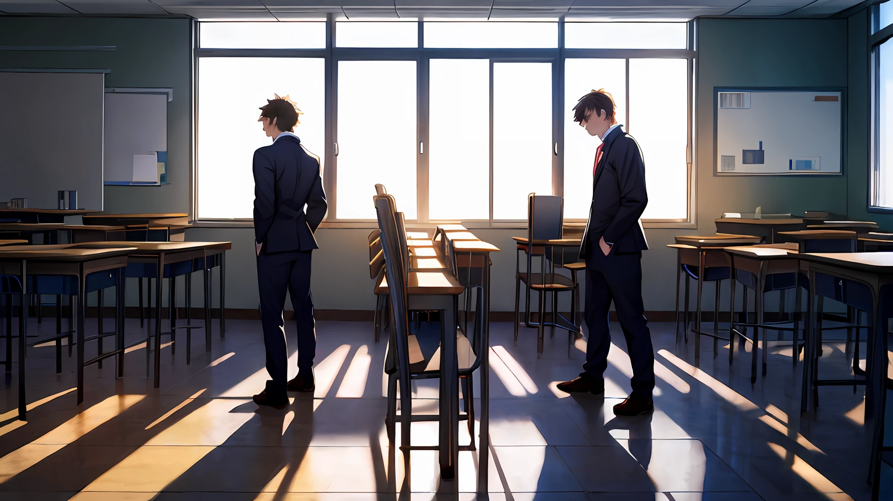 young teenager,Young men,High school students,The background is in the classroom,School uniform,extreme hight detail,Realistic light and shadow,Sunlight comes in through the windows,facula,softlighting,soft focus,the best quality