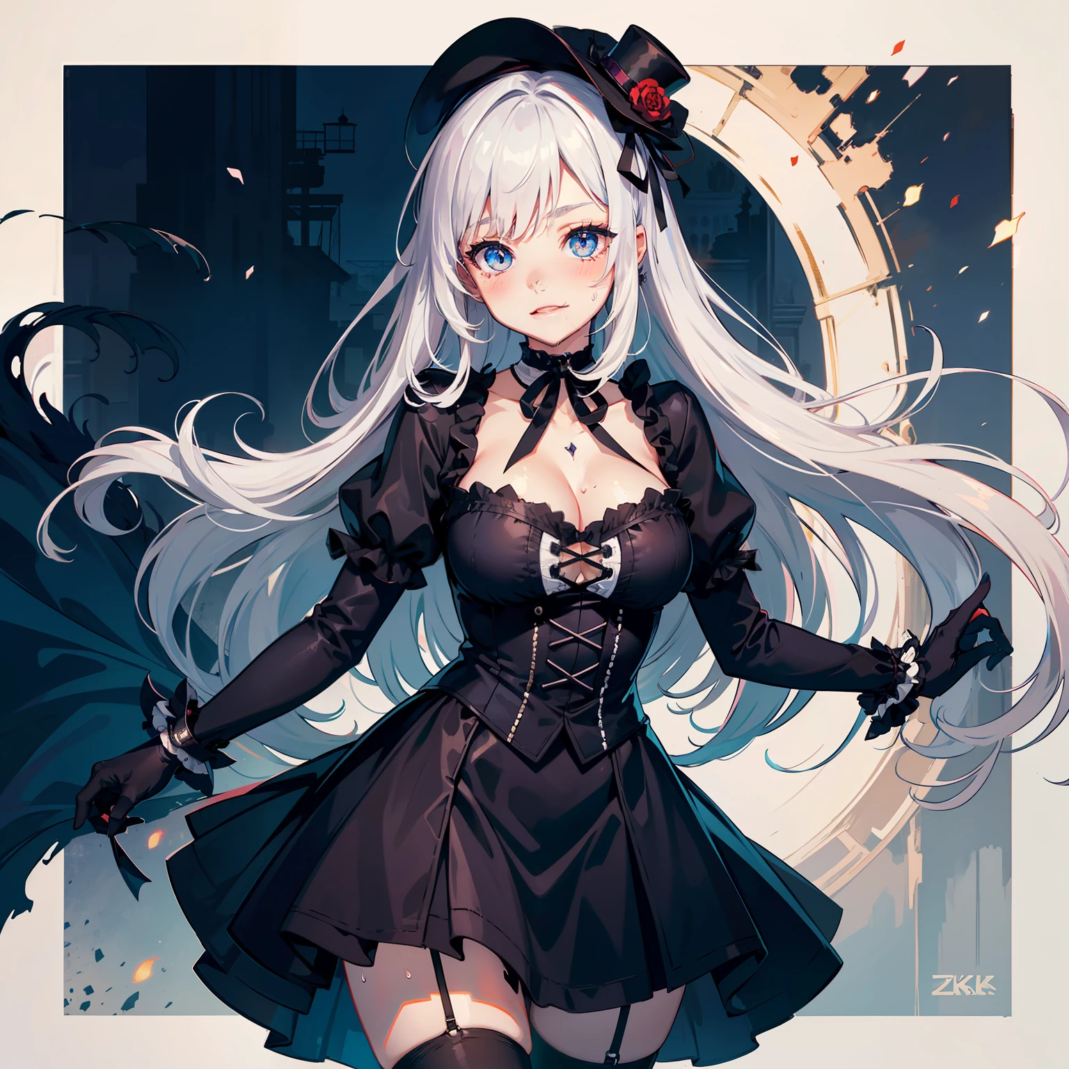 1girl, long hair,red hairband, absurdly long hair,ed eyes,black shirt,black red skirt,zettai ryouiki,silver hair,ribbon_choker,black choker, black choker,jewelry, shackles, cowboy shot, torn clothes, torn shirt, torn gloves,torn thighhighs,masterpiece, best quality,nose, wet lips, shiny,(beautiful detailed eyes), vivid, intricate details,(big breasts),slender body,very young cute face,{detailed clothing}, {detailed background}, {extremely beautiful and delicate}, (very detailed), (wallpaper), highlight eyes,blush,(mini_top_hat:1.2),Floating Hair,(gothic_lolita:1.2),seductive smile, excited, dark_persona, crazy, best quality, ultra-detailed, masterpiece, finely detail, 8k wallpaper, 1girl, long hair, split-color hair, pose, masterpiece, masterpiece,best quality,official art,extremely detailed CG unity 8k wallpaper, best quality