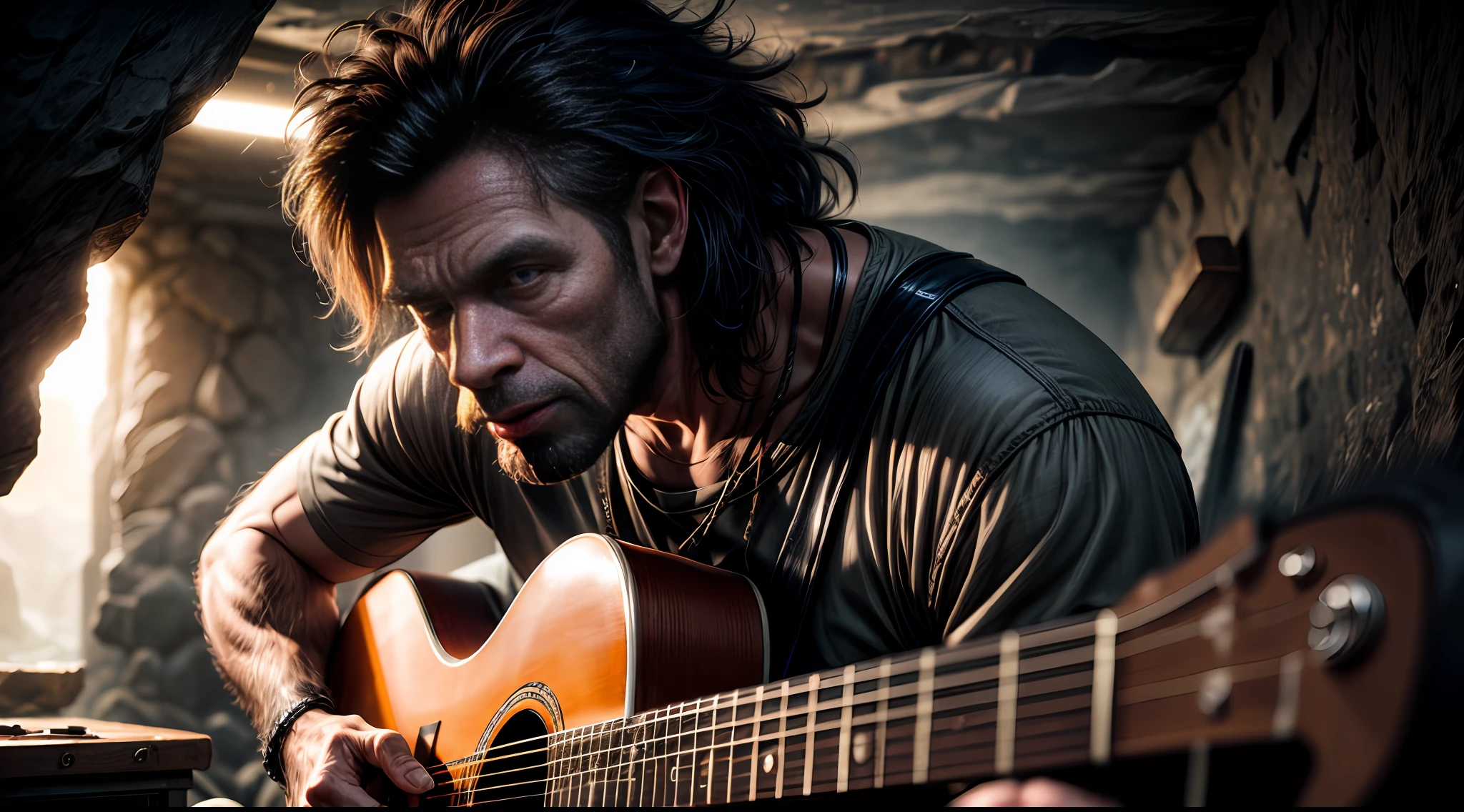 Neanderthal playing guitar. Inside his cavern. detailed eyes, detailed face,
, crazy scene from a movie, dramatic shooting angle, atmospheric particles,
Real, raw cinematic photorealism, action portrait, 8k, detailed, centered, full frame