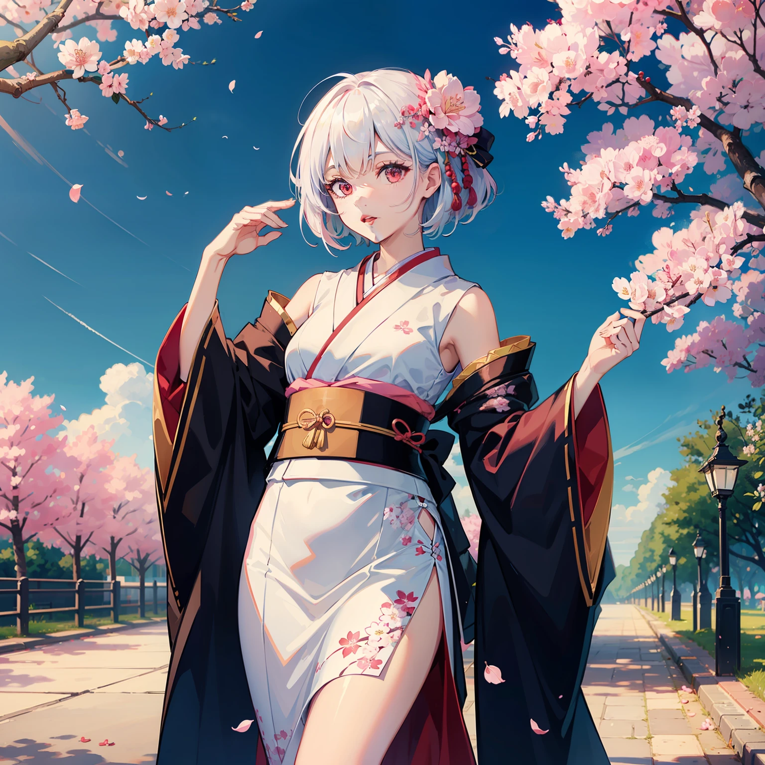 ((masterpiece)),((best quality)),(ultra-detailed),((extremely detailed body)),((extremely detailed CG 8k wallpaper)),HDR,1girl,solo,red eyes,japanese clothes,kimono,hair ornament,pink hair,detached sleeves,short hair,flower,white hair,multicolored hair,gradient hair,hair flower,Black clothes,Under the cherry blossom tree,Cherry blossom petal,spring,Blue sky,