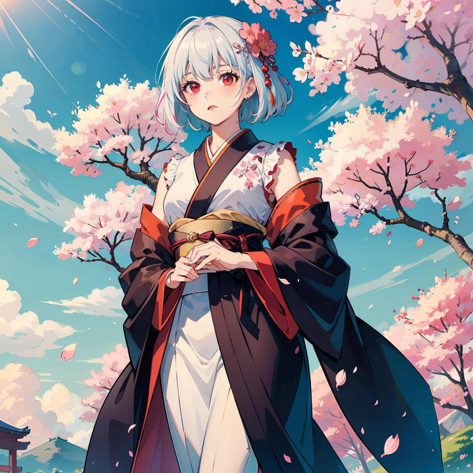 ((masterpiece)),((best quality)),(ultra-detailed),((extremely detailed body)),((extremely detailed CG 8k wallpaper)),HDR,1girl,solo,red eyes,japanese clothes,kimono,hair ornament,pink hair,detached sleeves,short hair,flower,white hair,multicolored hair,gradient hair,hair flower,Black clothes,Under the cherry blossom tree,Cherry blossom petal,spring,Blue sky,