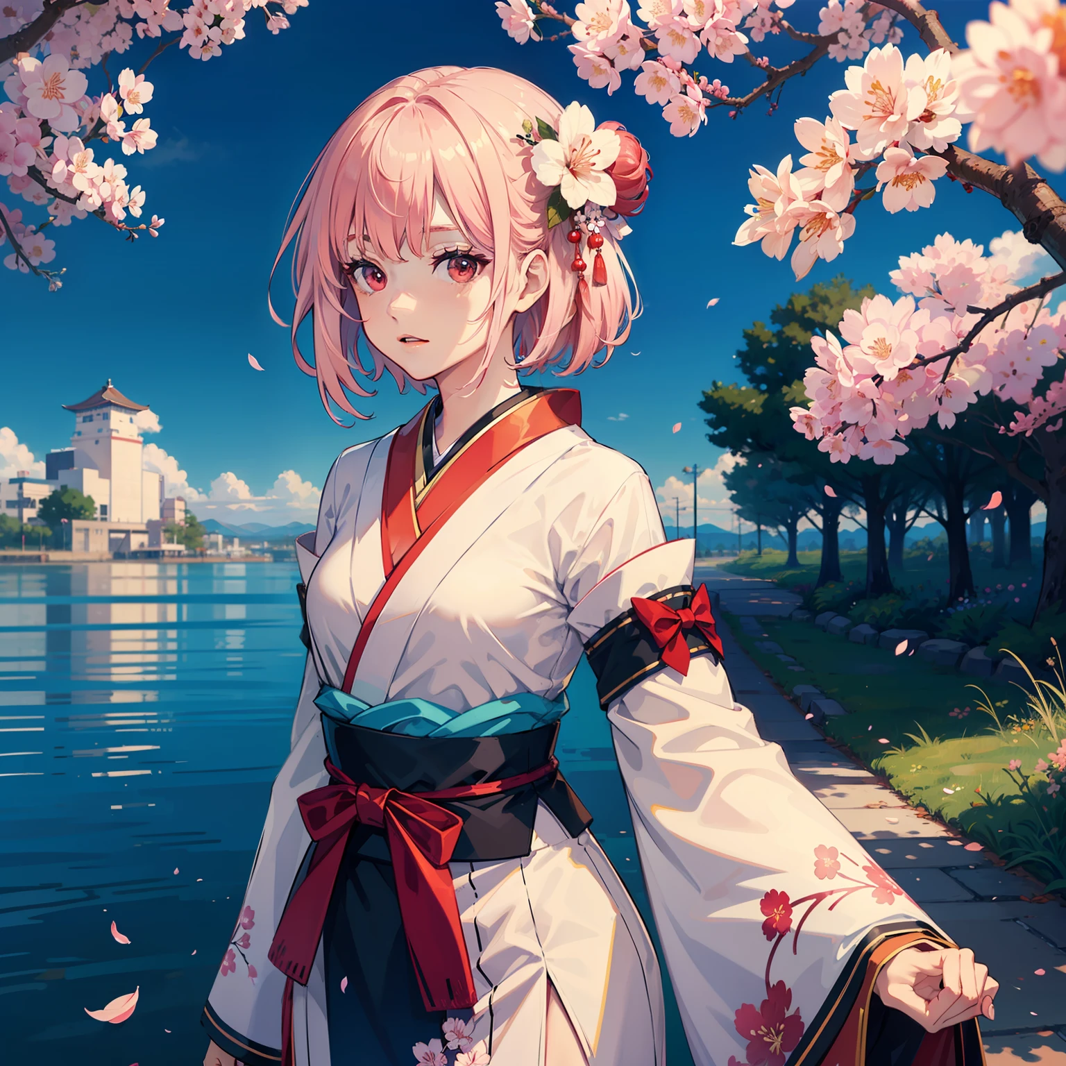 ((masterpiece)),((best quality)),(ultra-detailed),((extremely detailed body)),((extremely detailed CG 8k wallpaper)),HDR,1girl,solo,red eyes,japanese clothes,kimono,hair ornament,pink hair,detached sleeves,short hair,flower,white hair,multicolored hair,gradient hair,hair flower,Black clothes,Under the cherry blossom tree,Cherry blossom petal,spring,Blue sky,