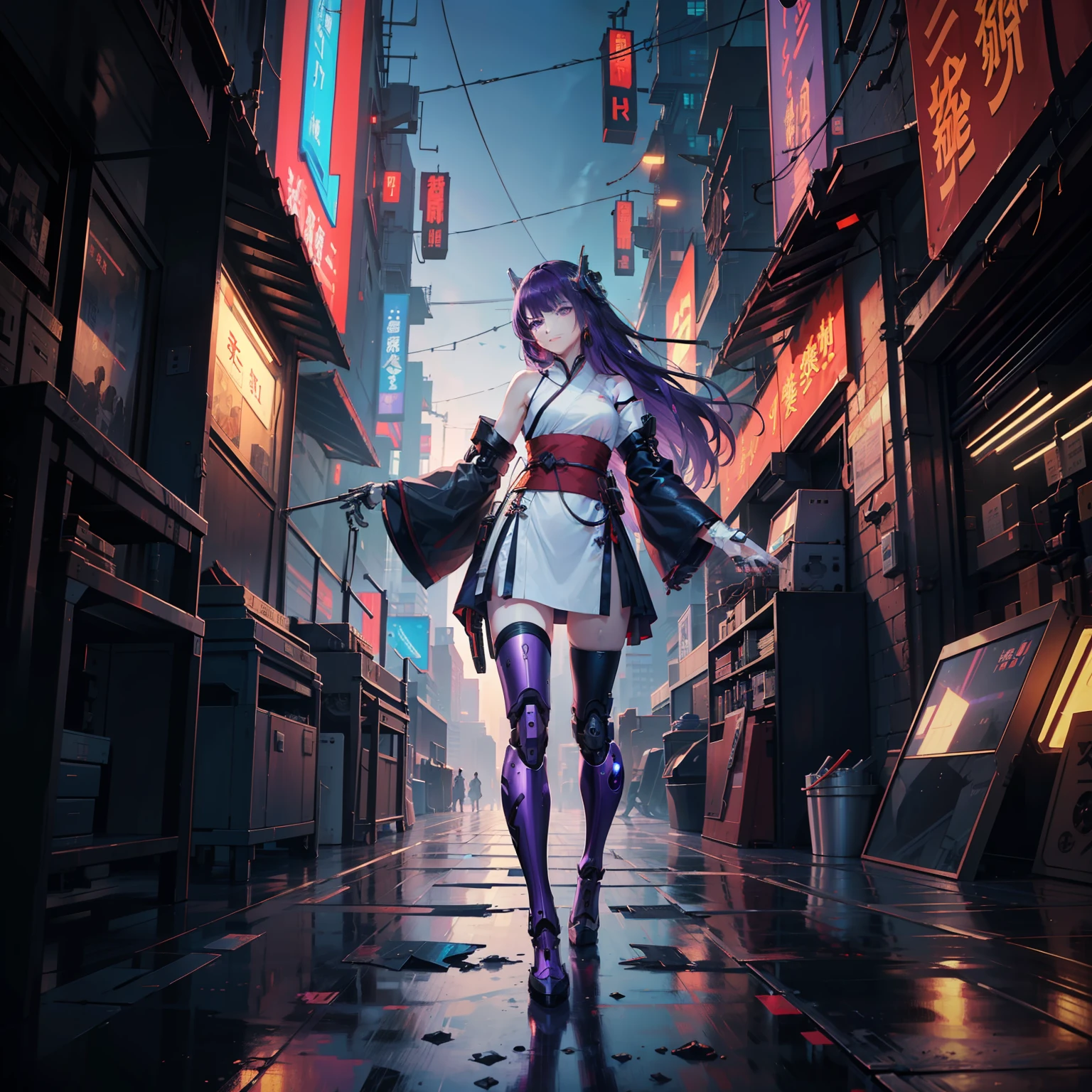 (masterpiece:1.4),(best quality:1.4),(Cyberpunk:1.3),(Hanfu:1.1),(Cyberpunk Hanfu:1.3),(Mechanical parts Hanfu:1.4),(full body:1.2),looking at viewer,top-down view,raidenshogundef,1girl,raidenshogunrnd,long hair,(purple hair:1.4),purple eyes,smug smirk,(black Thighhighs:0.9),black elbow gloves,black panty,look at viewer,(standing,) spread legs,pantyshot,((best illustration)),best quality,masterpiece,highres,extremely detailed 8K wallpaper,an extremely delicate and beautiful,((cinematic lighting)),solo,extreme detail description,ultra-fine painting,city,water vapor,(Robotic arm:1.3),(Mechanical legs:1.4),