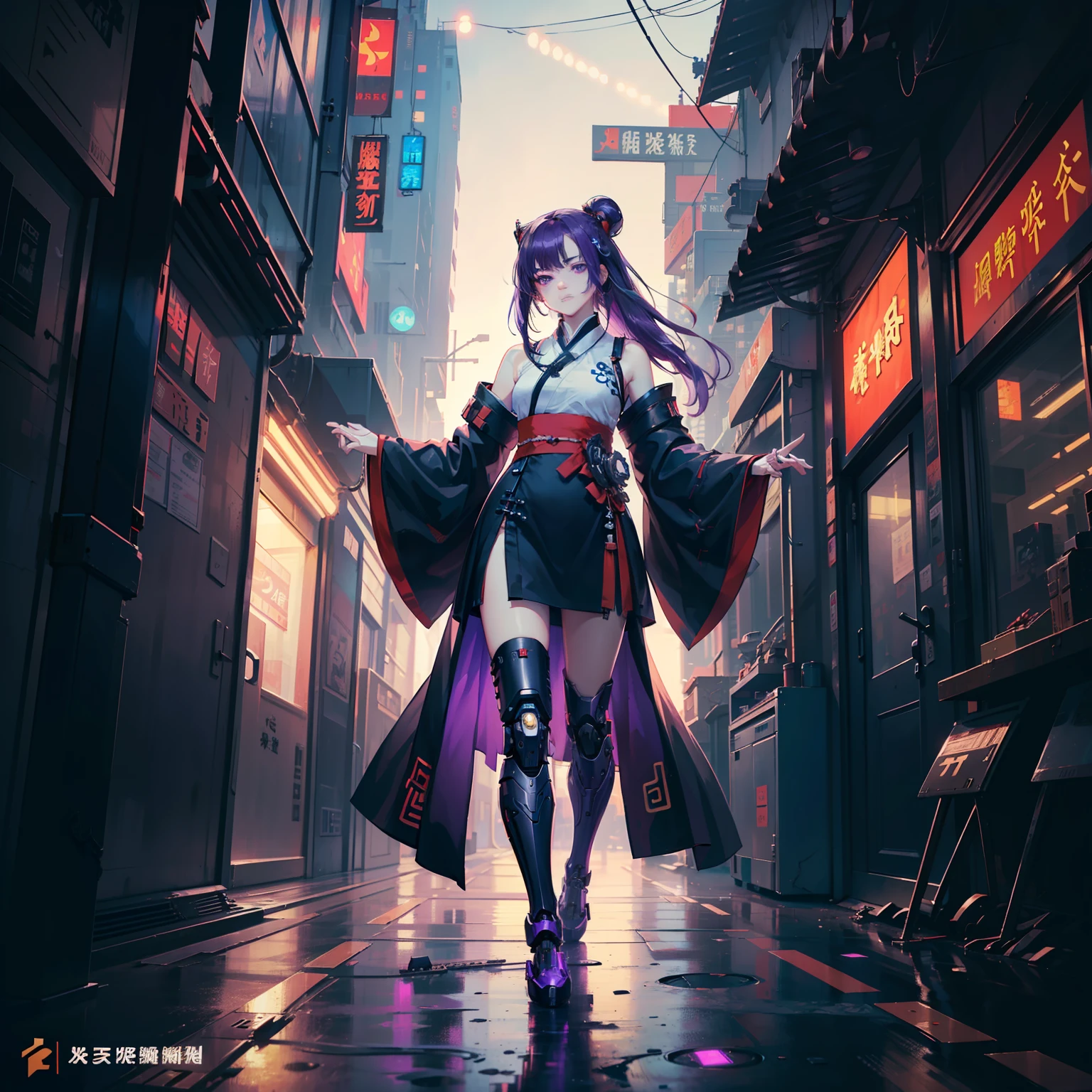 (masterpiece:1.4),(best quality:1.4),(Cyberpunk:1.3),(Hanfu:1.1),(Cyberpunk Hanfu:1.3),(Mechanical parts Hanfu:1.4),(full body:1.2),looking at viewer,top-down view,raidenshogundef,1girl,raidenshogunrnd,long hair,(purple hair:1.4),purple eyes,smug smirk,(black Thighhighs:0.9),black elbow gloves,black panty,look at viewer,(standing,) spread legs,pantyshot,((best illustration)),best quality,masterpiece,highres,extremely detailed 8K wallpaper,an extremely delicate and beautiful,((cinematic lighting)),solo,extreme detail description,ultra-fine painting,city,water vapor,(Robotic arm:1.3),(Mechanical legs:1.4),