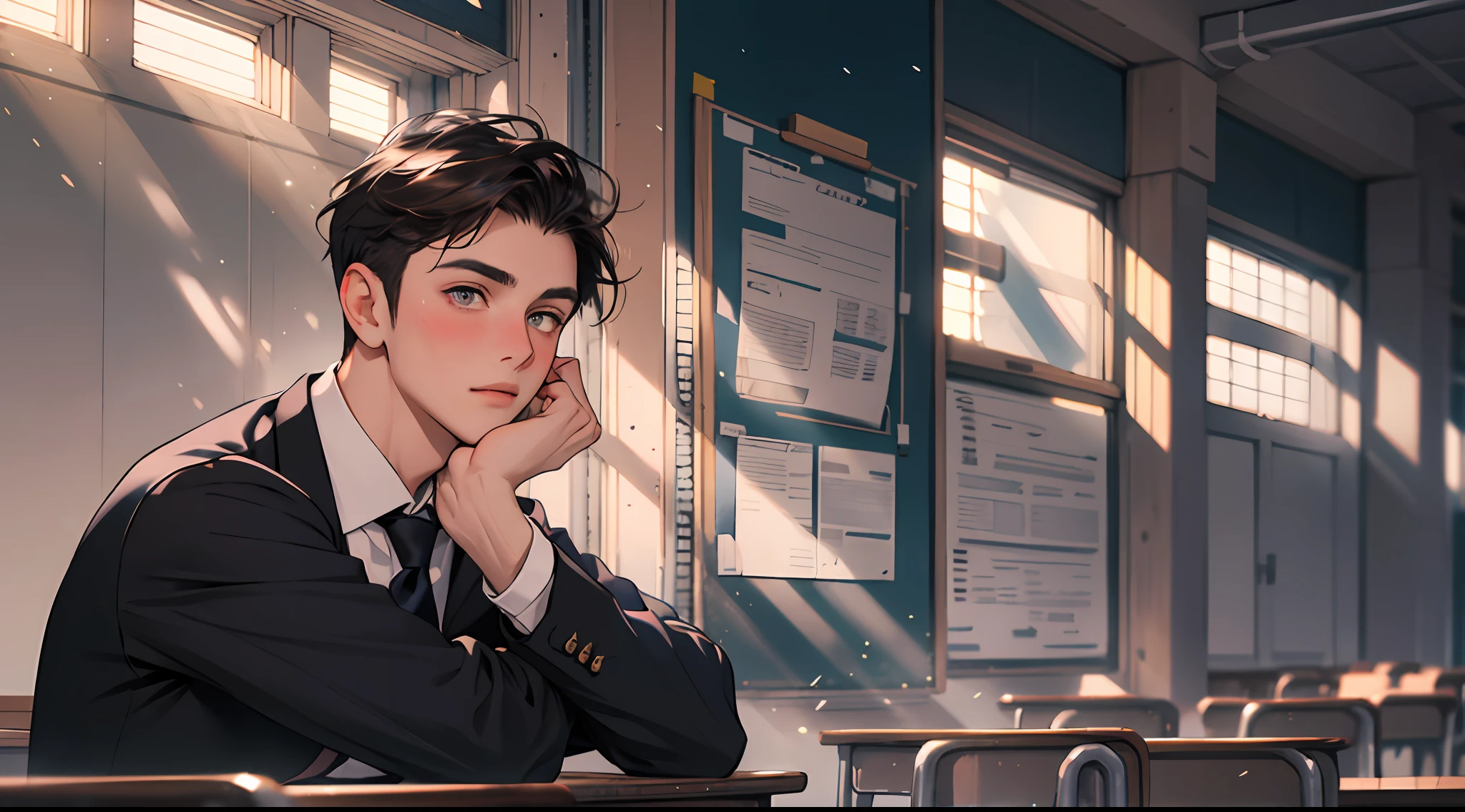 Male,man,young teenager,Young men,High school students,The background is in the classroom,School uniform,extreme hight detail,Realistic light and shadow,Sunlight comes in through the windows,facula,softlighting,soft focus,the best quality,blush on,Look at the lens