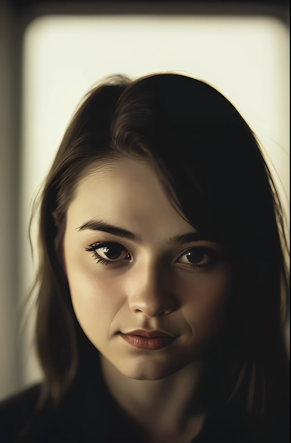 (close-up, editorial photograph of a 20 yo woman from the 1940's), (highly detailed face:1.4) (smile:0.7) (background inside dark, moody, private study:1.3) POV, by lee jeffries, nikon d850, film stock photograph ,4 kodak portra 400 ,camera f1.6 lens ,rich colors ,hyper realistic ,lifelike texture, dramatic lighting , cinestill 800,