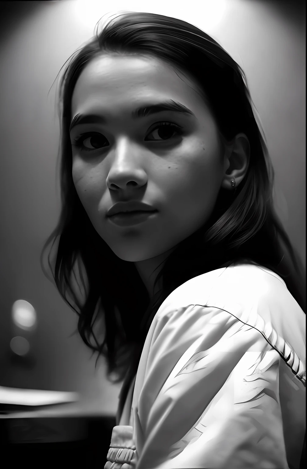 (close-up, editorial photograph of a 20 yo woman from the 1940's), (highly detailed face:1.4) (smile:0.7) (background inside dark, moody, private study:1.3) POV, by lee jeffries, nikon d850, film stock photograph ,4 kodak portra 400 ,camera f1.6 lens ,rich colors ,hyper realistic ,lifelike texture, dramatic lighting , cinestill 800,
