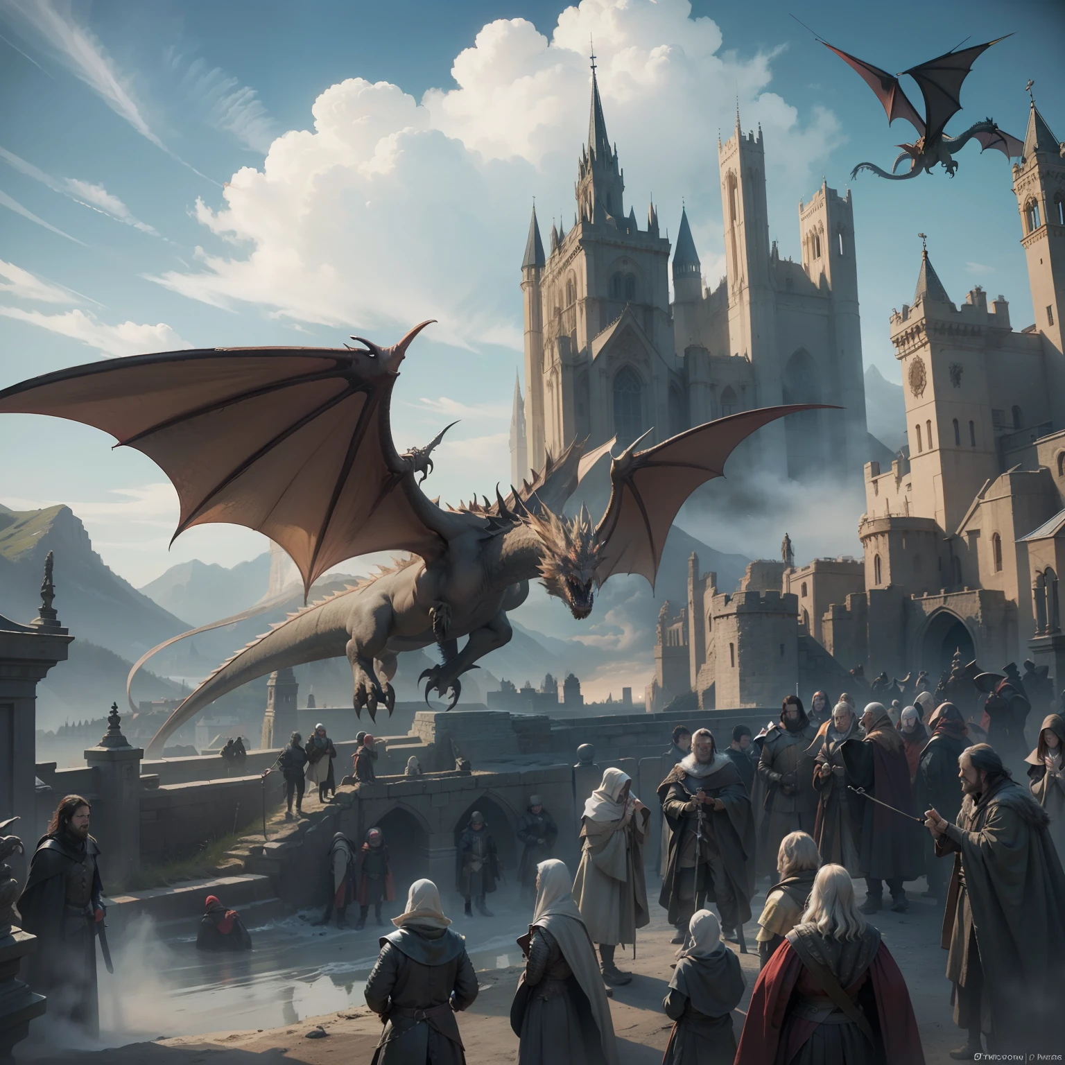 One place, medieval, game of thrones style, dragons in the sky, photorealistic