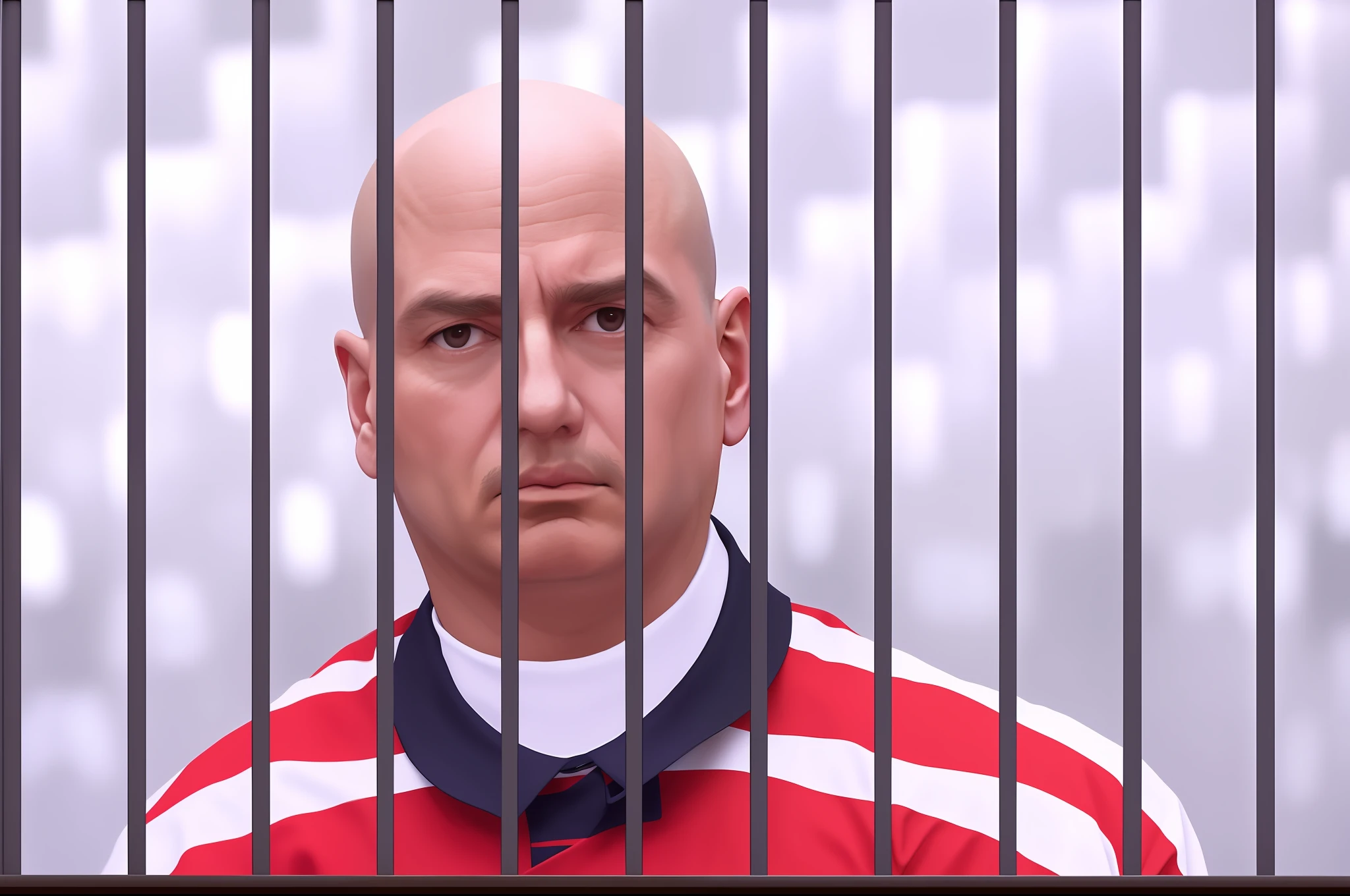 there is a man behind bars looking at the camera, donald trump in jail, na cadeia, sad steven seagal in jail cell, Behind bars, ficou em uma cela, Retrato de Careca, donald trump in jail, foto ainda, jail, bald head and menacing look, bald man, Nikolai Karelin, Igor Berezovsky, linhas carecas, photo illustration