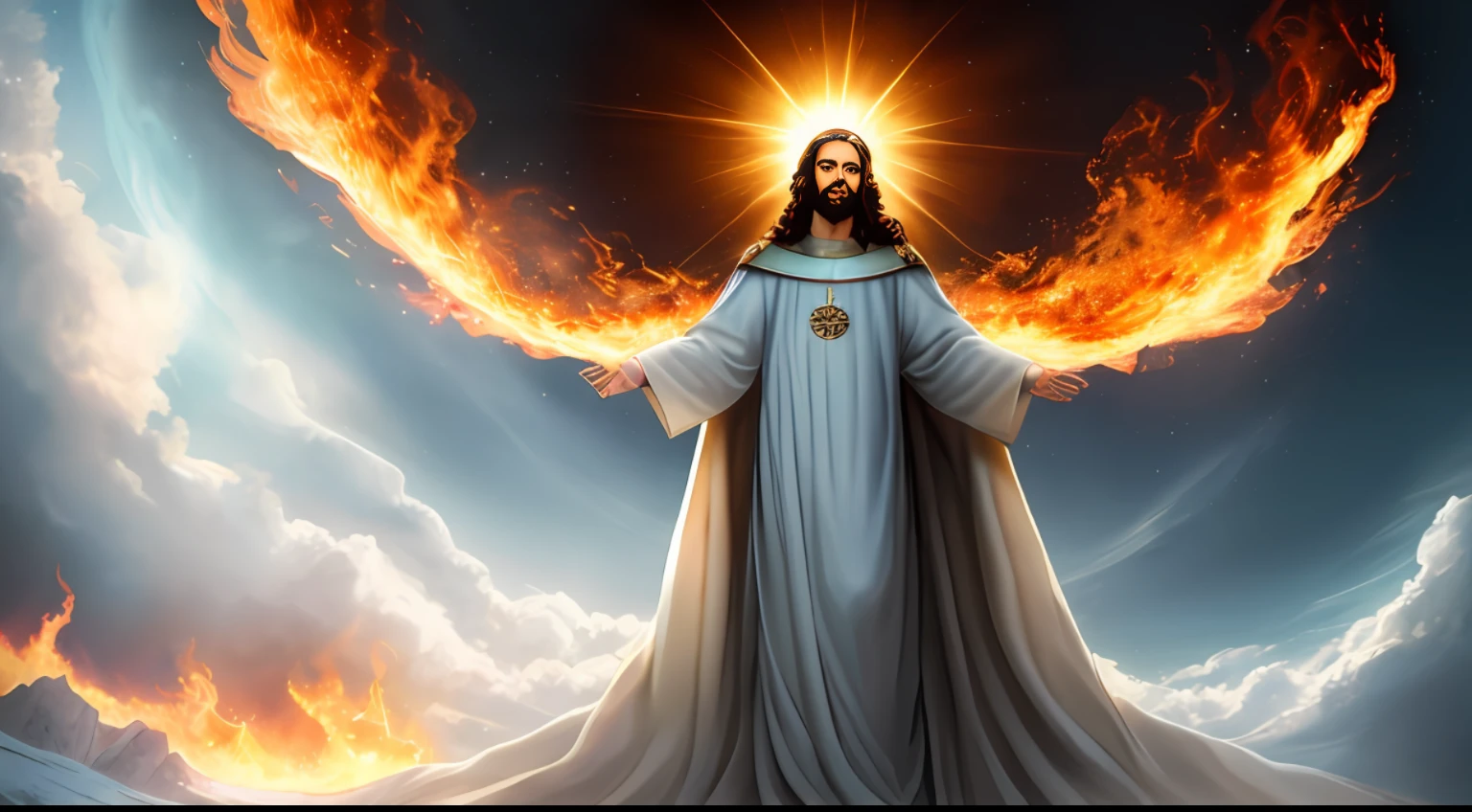 Jesus second coming in the heavens, face like the midday sun, crown, a tunic and a golden breastplate, hair as white as snow, eyes as flames of fire, feet as refined bronze in the furnace, light smile, Surrealism, backlighting, cinematic lighting, high quality, high details, best quality